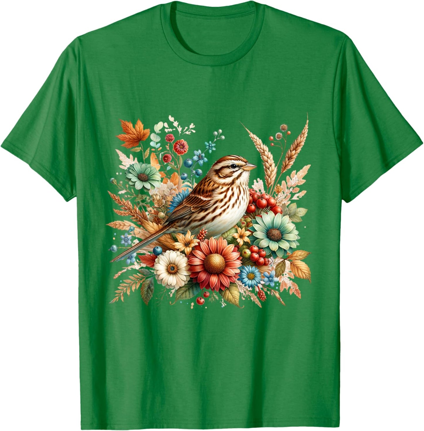 Song Sparrow Vintage Floral Autumn Bird T-Shirt - T-Shirt | Irish Green