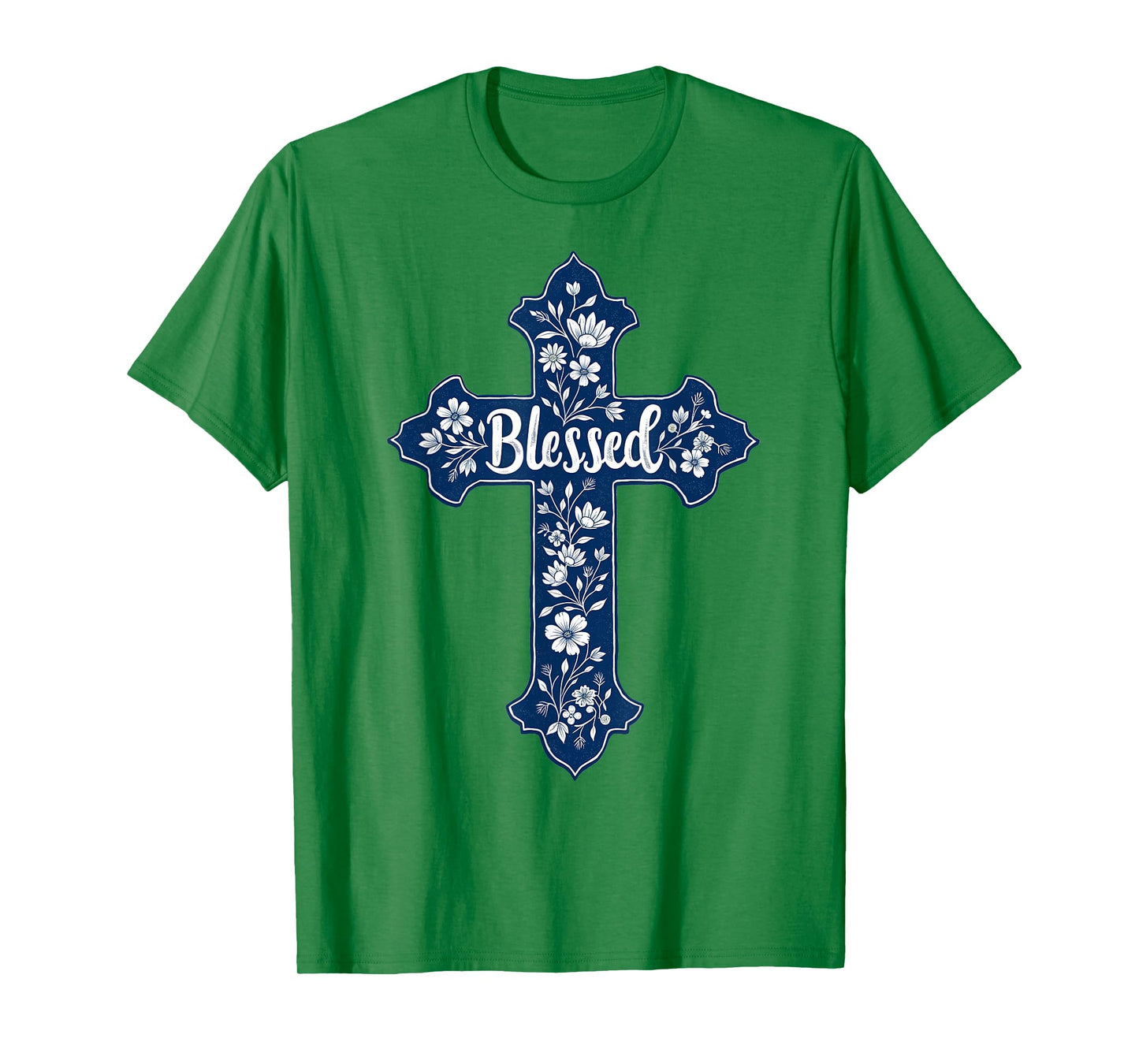 Christian Faith Cross Blue Toile Chinoiserie Floral T-Shirt