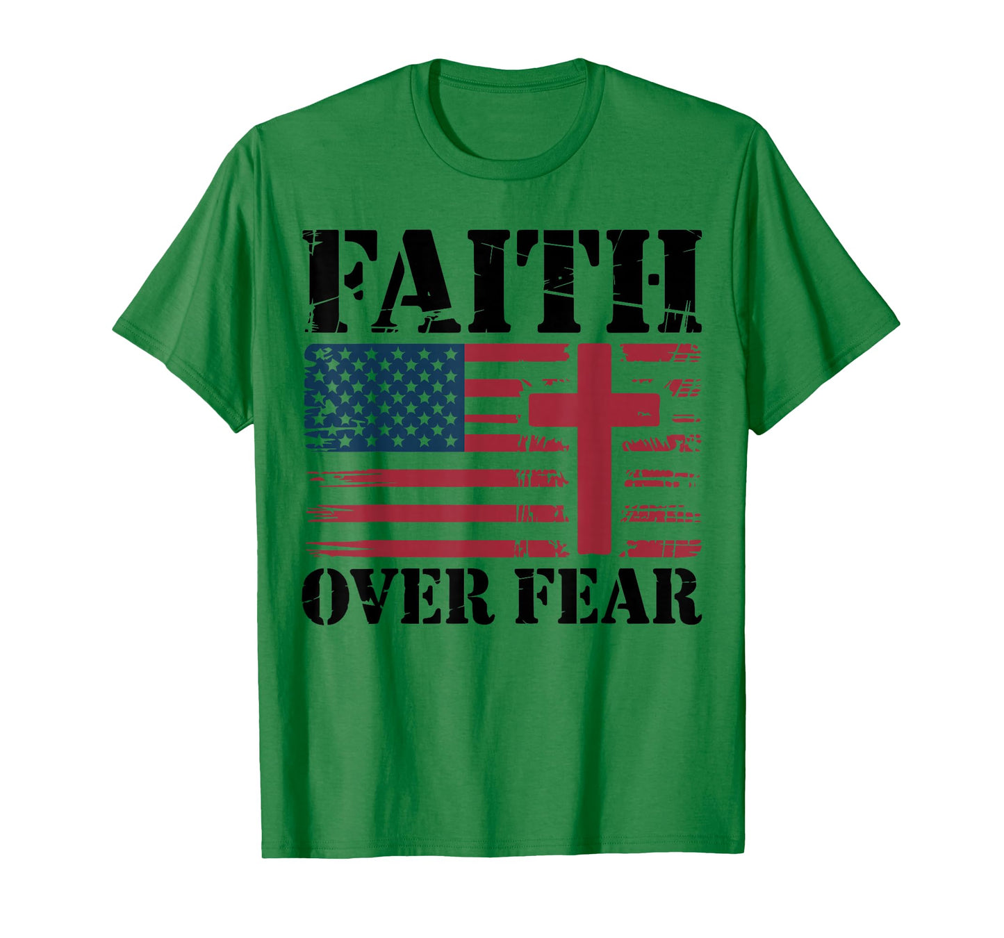 Mens Christian Patriotic Cross Faith Over Fear American Flag T-Shirt