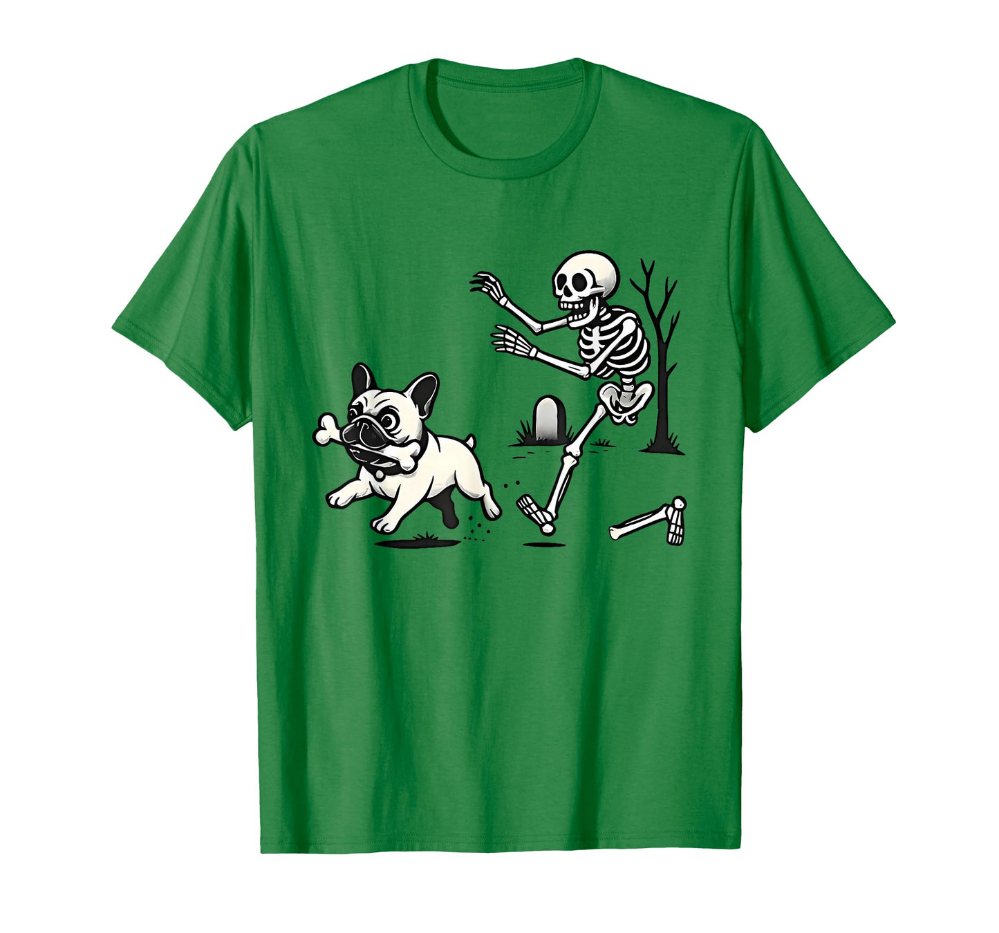 Skeleton Chasing French Bulldog Biting Leg Bone Halloween T-Shirt
