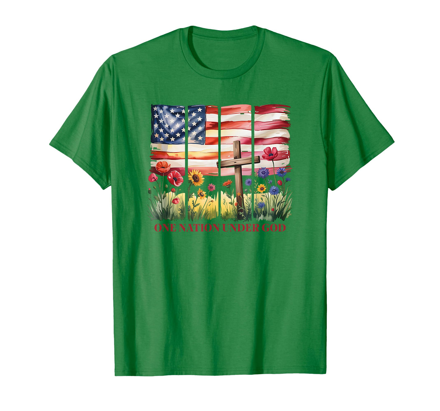 One Nation Under God American Flag Cross & Wildflower T-Shirt