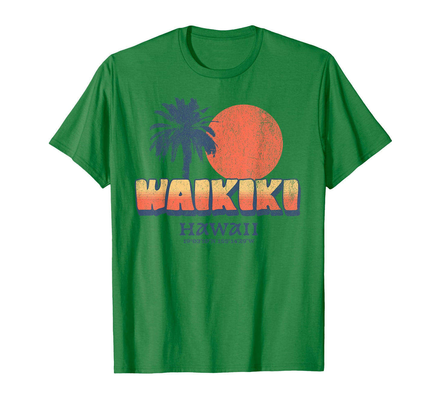Funny Waikiki Hawaii Retro Sunset Palm Tree Hawaiian Beach T-Shirt