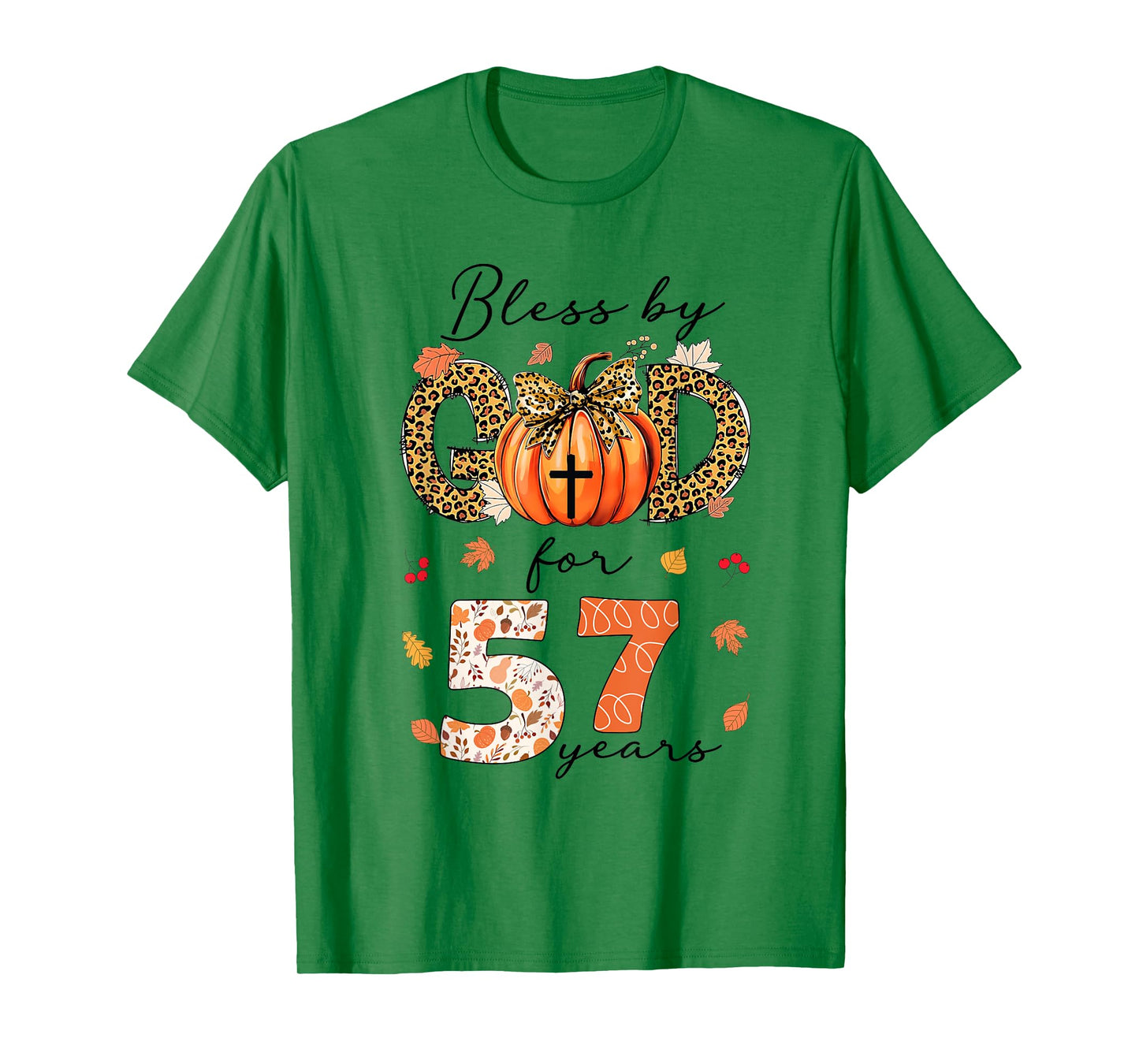 Blessed By God For 57 Years Old Woman Leopard Bow Pumpkin T-Shirt