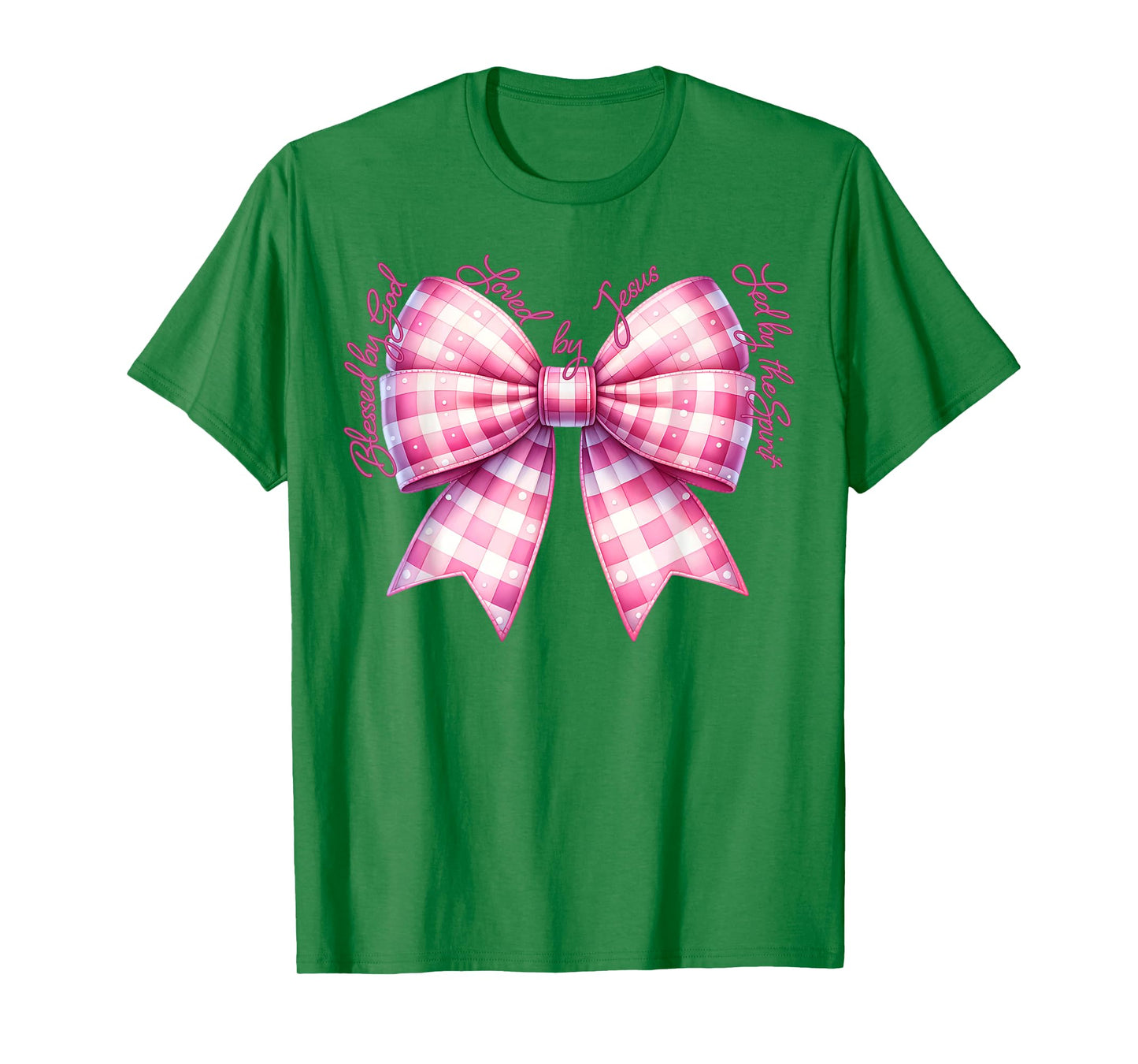 Blessed By God Loved By Jesus Pink Gingham Coquette Bow T-Shirt