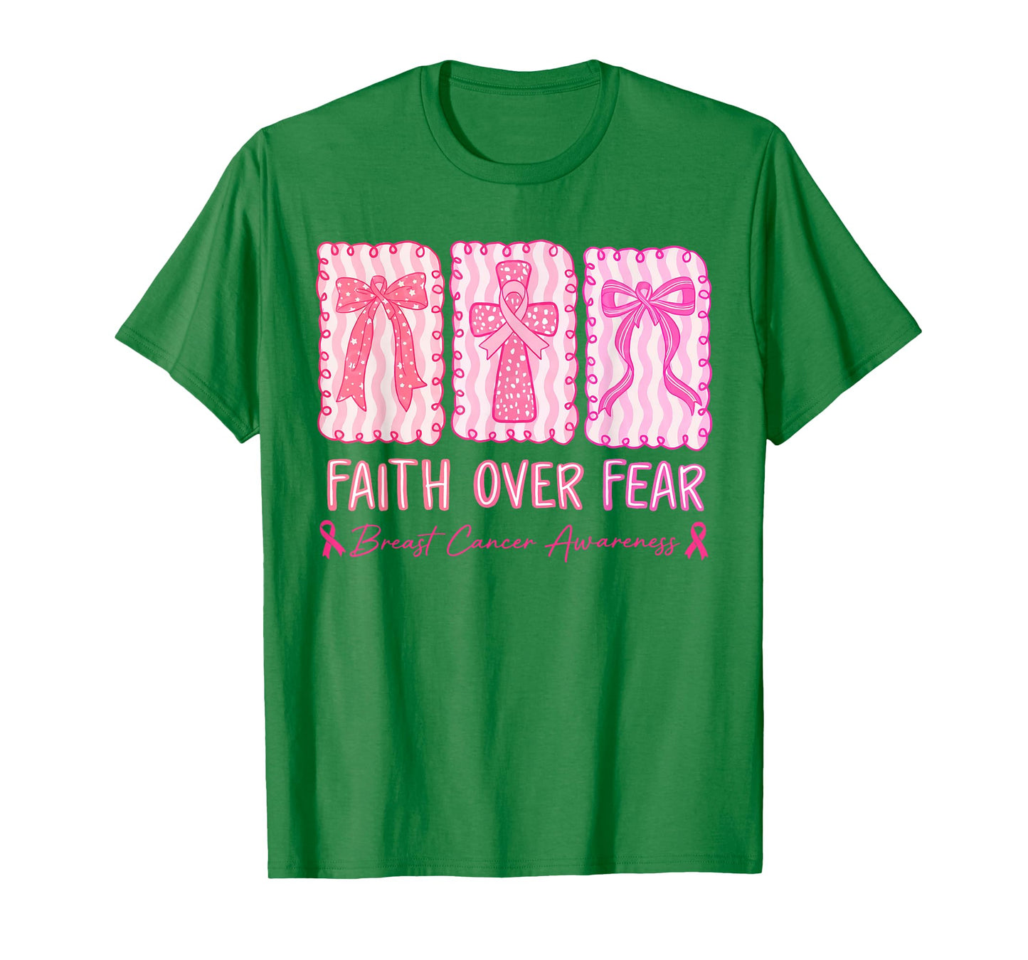 Faith Over Fear Coquette Bow Plaid Breast Cancer Awareness T-Shirt