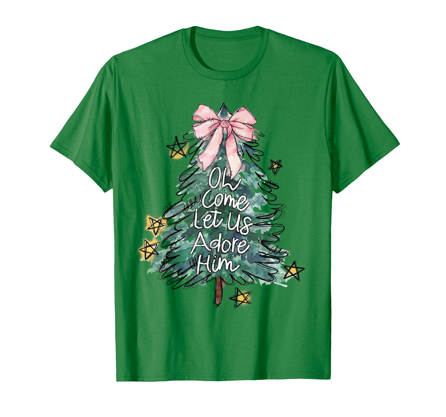 Oh Come Let Us Adore Him Christmas Xmas Tree Christian Jesus T-Shirt