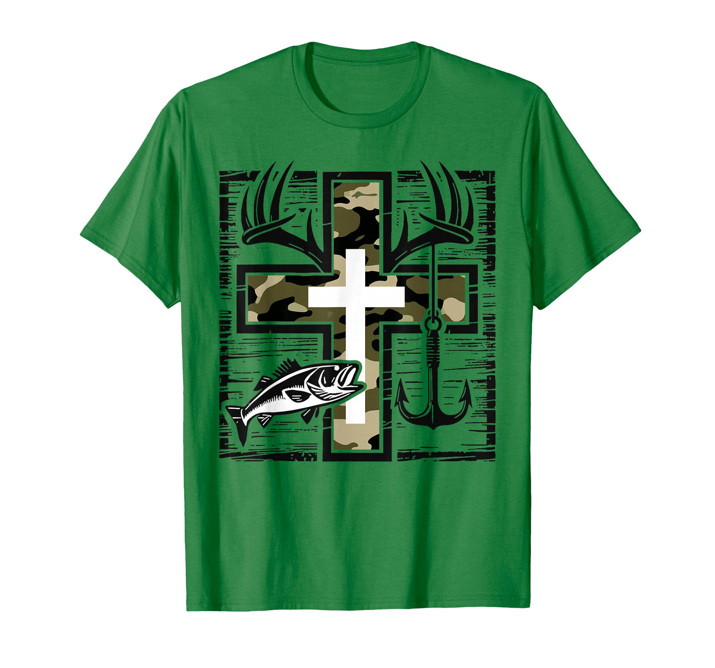 Faith Fishing Hunting Camo Cross with Hook Bass Christian T-Shirt