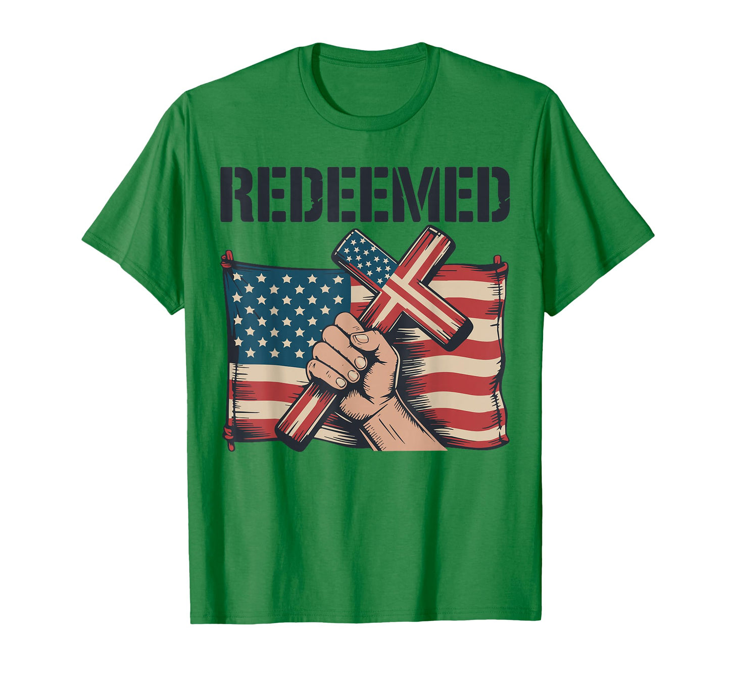 Men's Redeemed Christian Patriotic Cross Faith American Flag T-Shirt