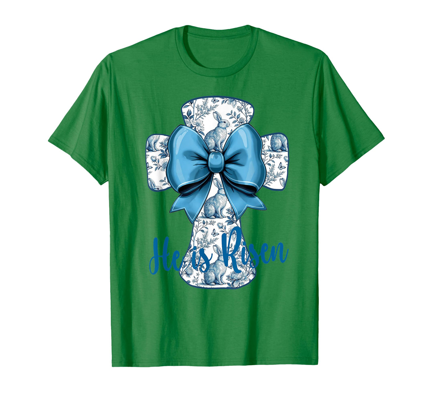 Easter Design He Is Risen Blue Toile Cross Christian Faith T-Shirt