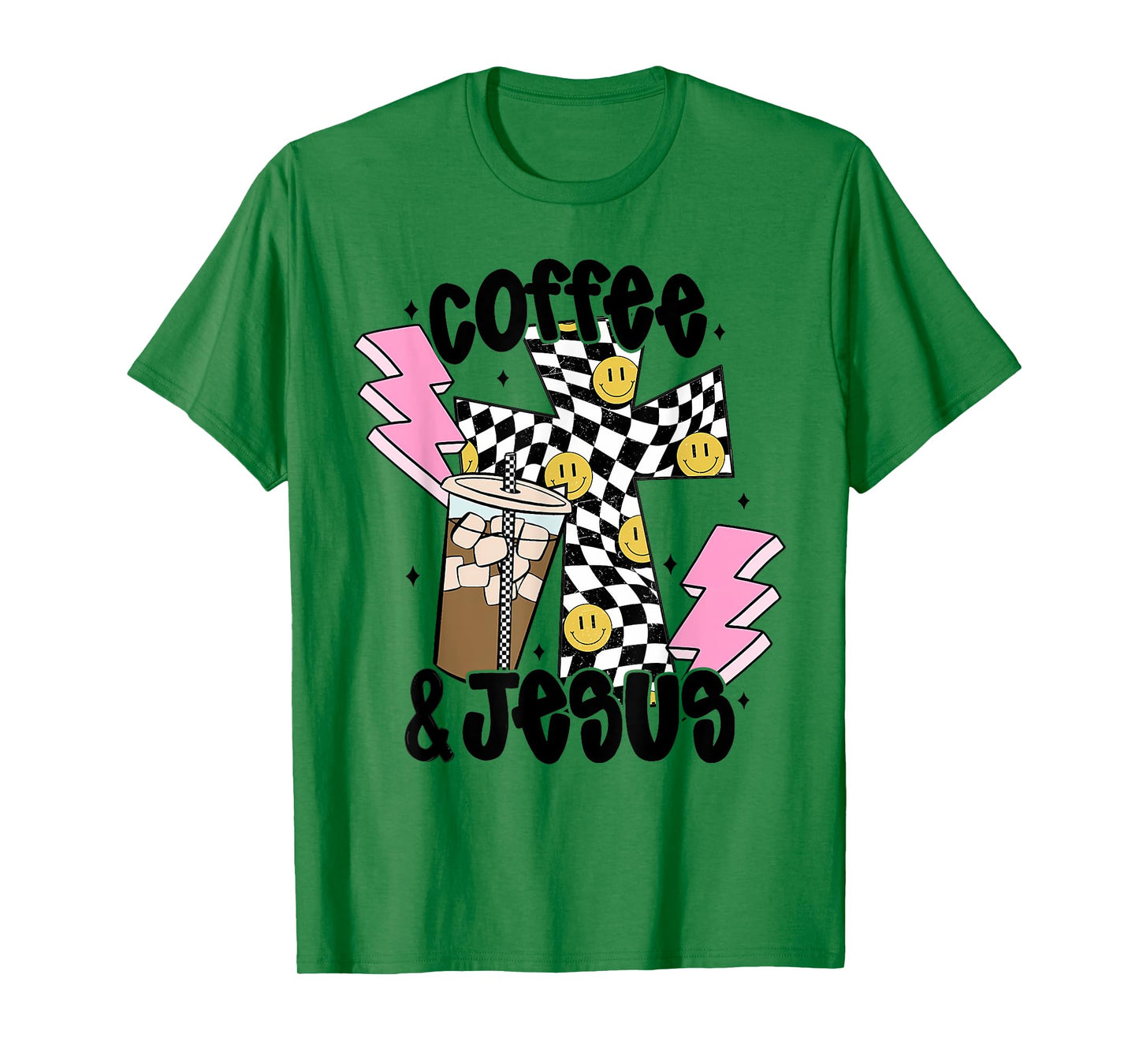 Retro Checkered Coffee and Jesus, Aesthetic Christian Women T-Shirt