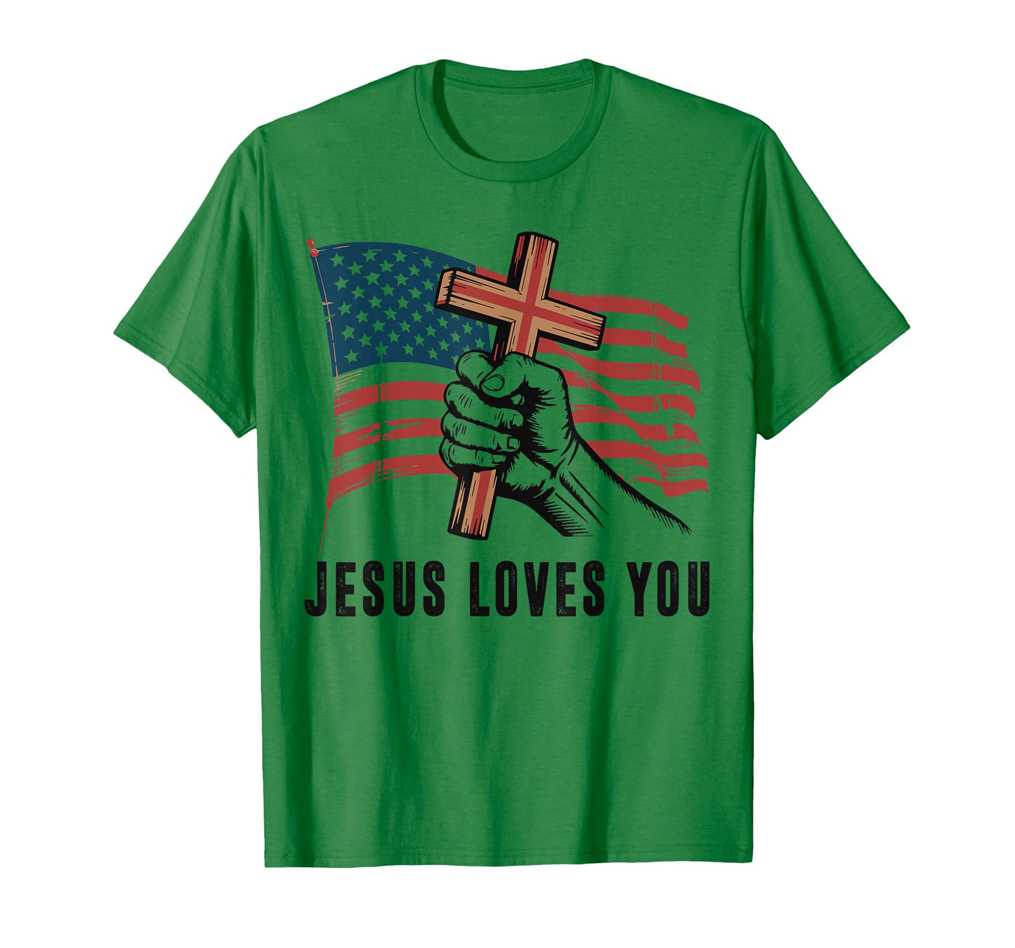 Mens Jesus Loves You American Flag Christian Patriotic Cross T-Shirt