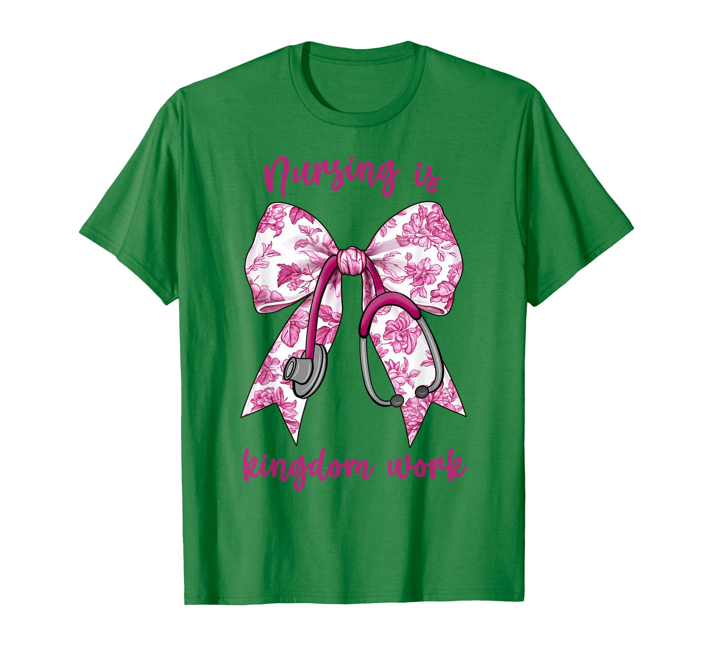 Christian Nurse, Nursing is Kingdom Work, Pink Toile Bow T-Shirt