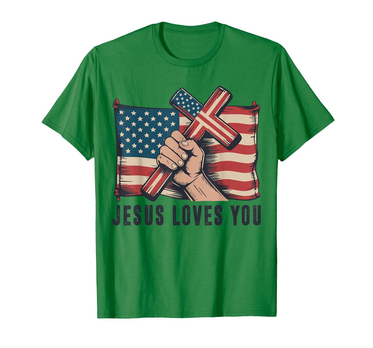 Mens Jesus Loves You American Flag Christian Patriotic Cross T-Shirt