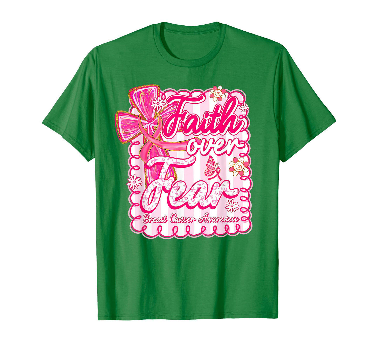 Preppy Breast Cancer Faith Over Fear Coquette Pink Ribbon T-Shirt
