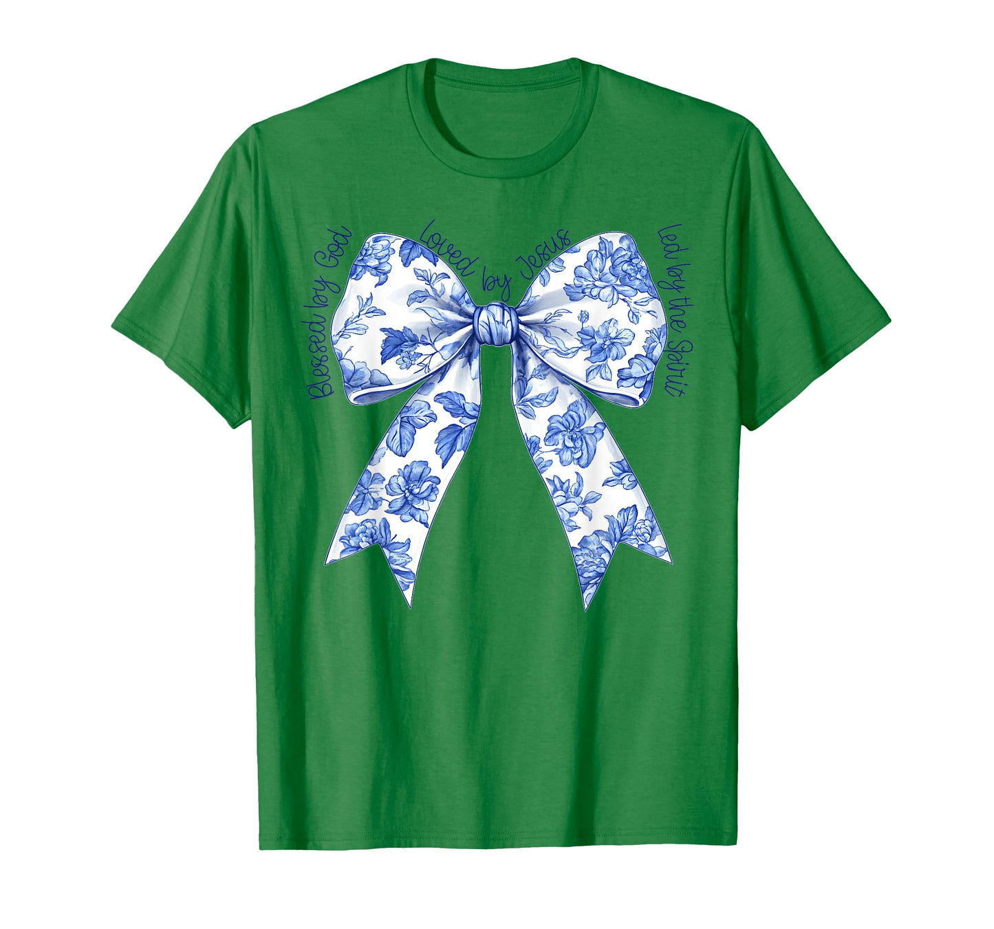 Blessed By God Loved By Jesus Blue Toile Coquette Bow T-Shirt