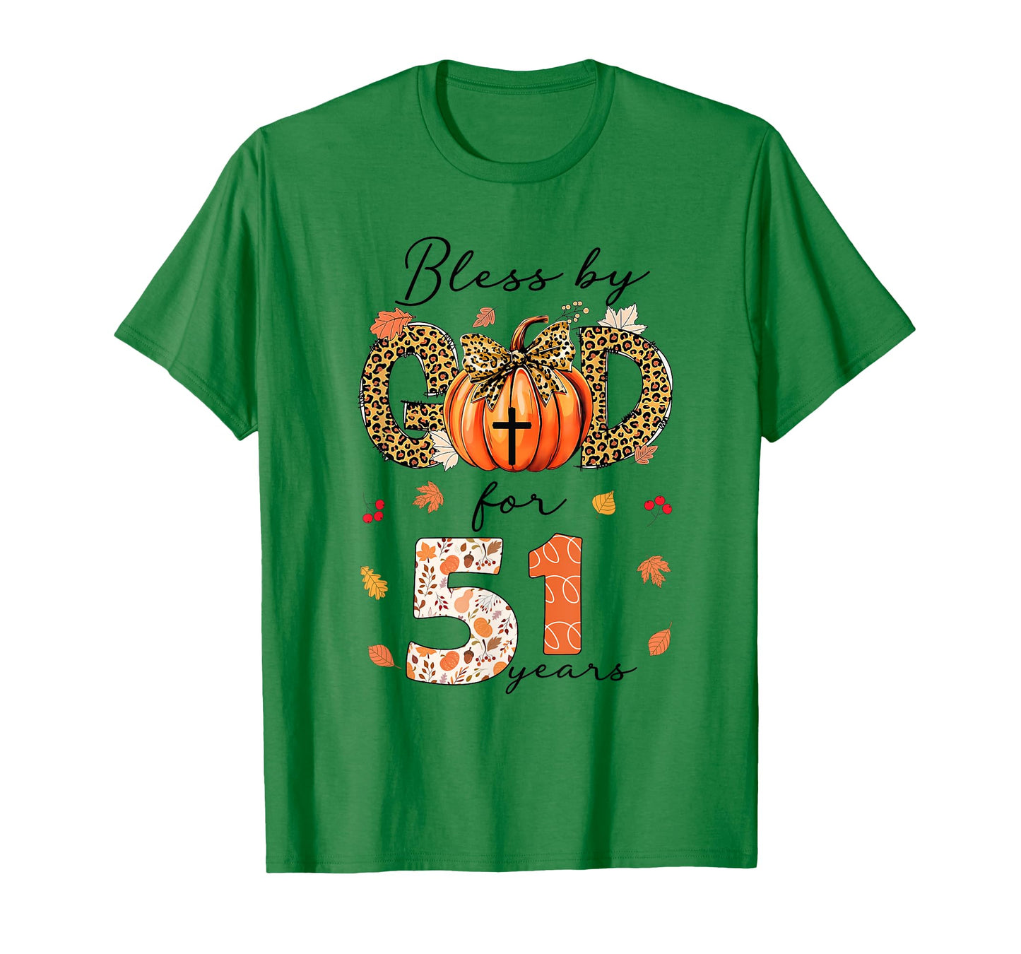 Blessed By God For 51 Years Old Woman Leopard Bow Pumpkin T-Shirt