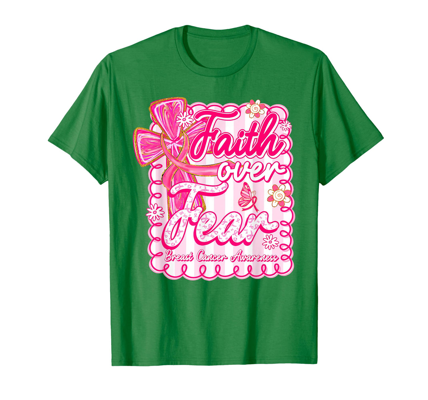 Faith Over Fear Coquette Bow Plaid Breast Cancer Awareness T-Shirt