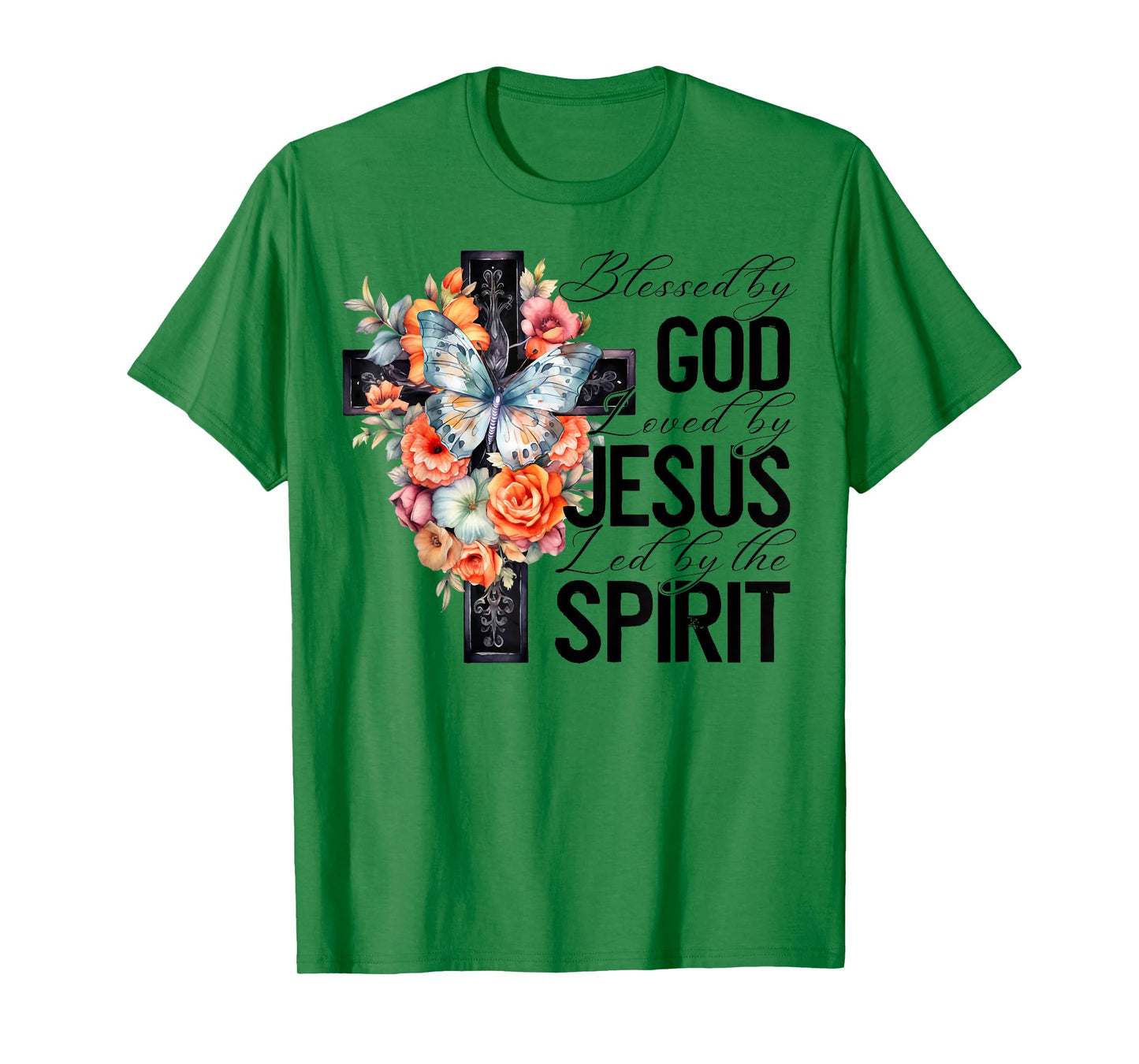 Blessed By God Loved By Jesus Floral Cross Faith Christian T-Shirt