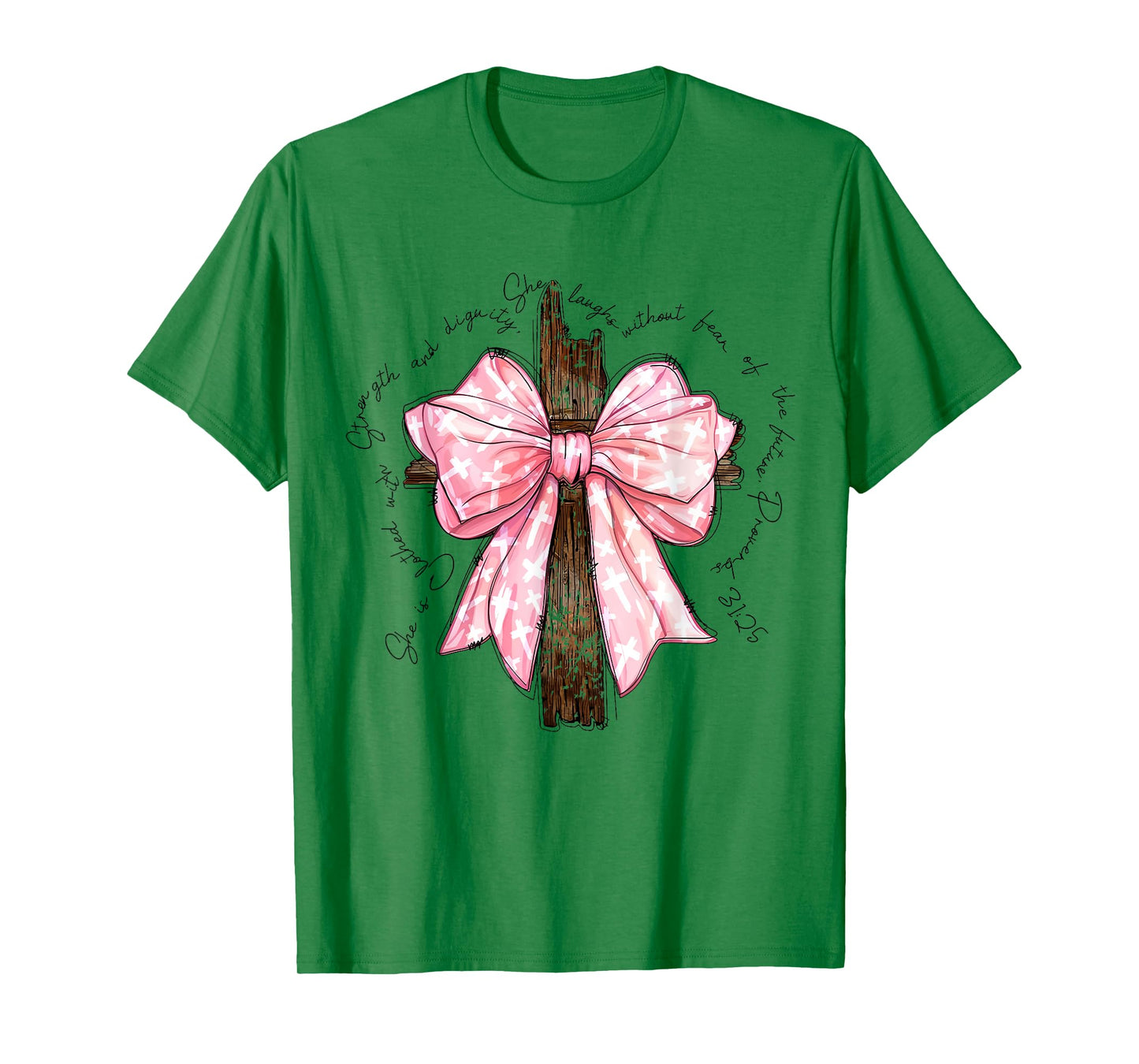 Proverbs She is Clothed with Strength Coquette Bow Pink T-Shirt