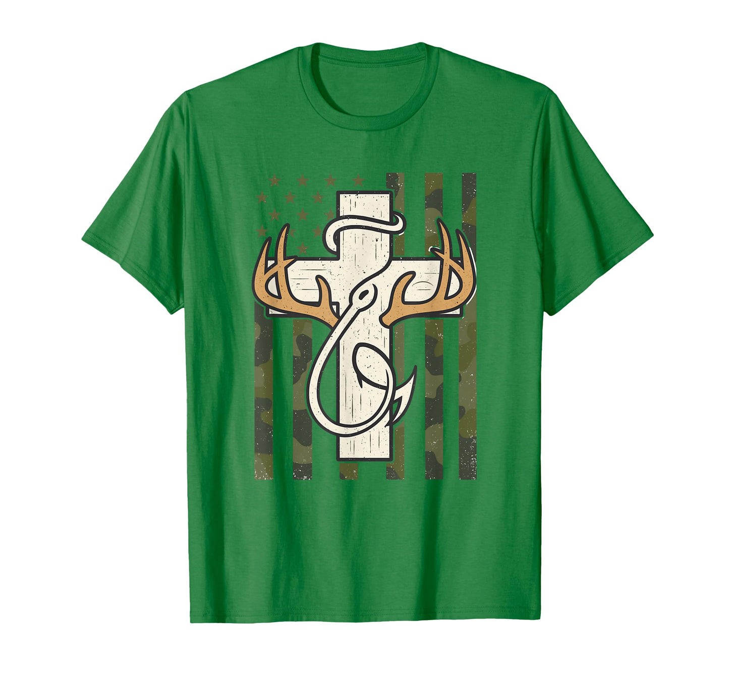Cross Antlers Fishing Hook Camo Flag Christian Hunter T-Shirt