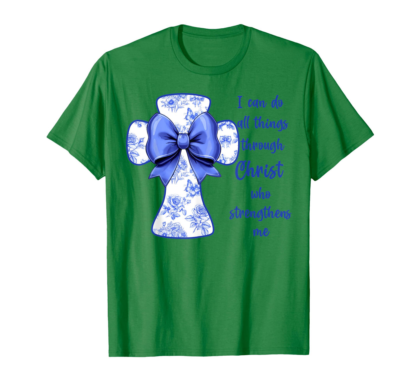 I Can Do All Things Through Christ Blue Toile Cross And Bow T-Shirt