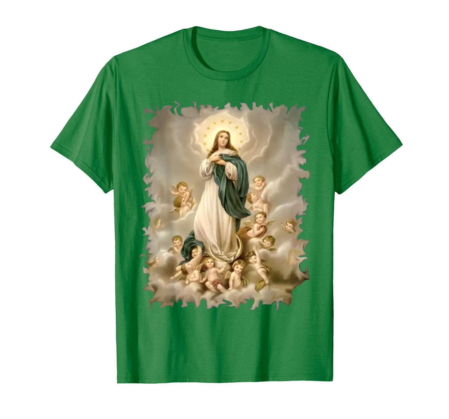 Blessed Virgin Mary and Cute Angels Pattern in Heaven Scene T-Shirt