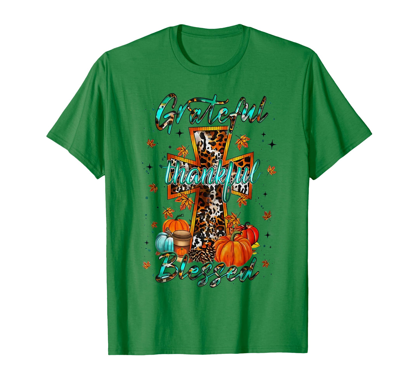 Grateful Thankful Blessed Cross Faith Pumpkin Leopard Autumn T-Shirt
