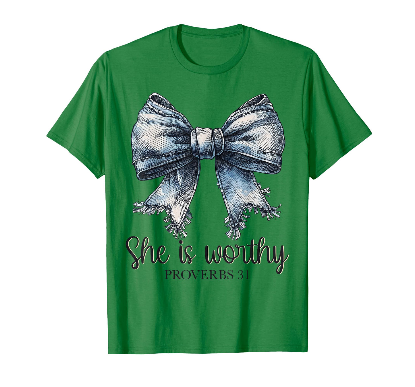 Denim She is Worthy Bow Proverbs Coquette Christian Women's T-Shirt