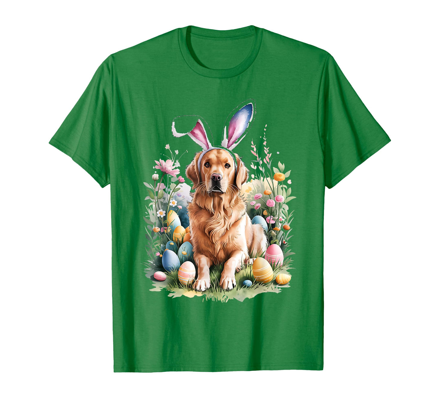 Golden Retriever Dog Bunny Ears Easter Eggs Spring Flowers T-Shirt