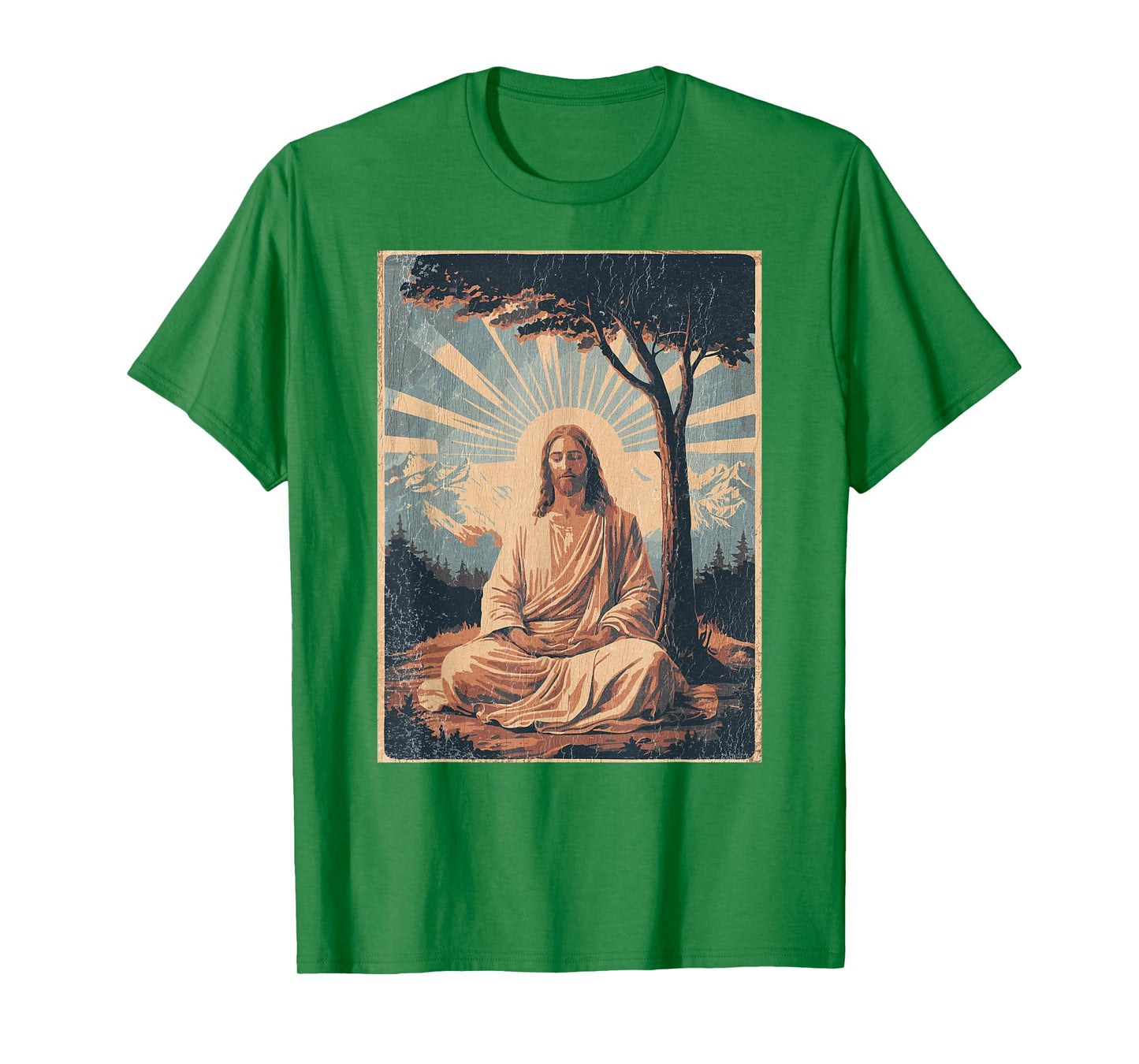 Jesus Meditating Under Tree, Mountains - Retro Faded Print T-Shirt