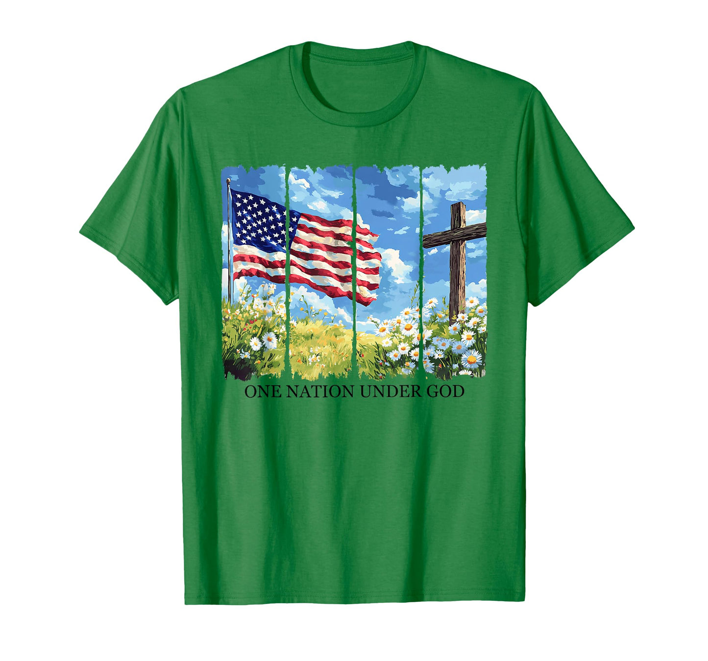 One Nation Under God USA Flag Flowers Red White Blue Cross T-Shirt