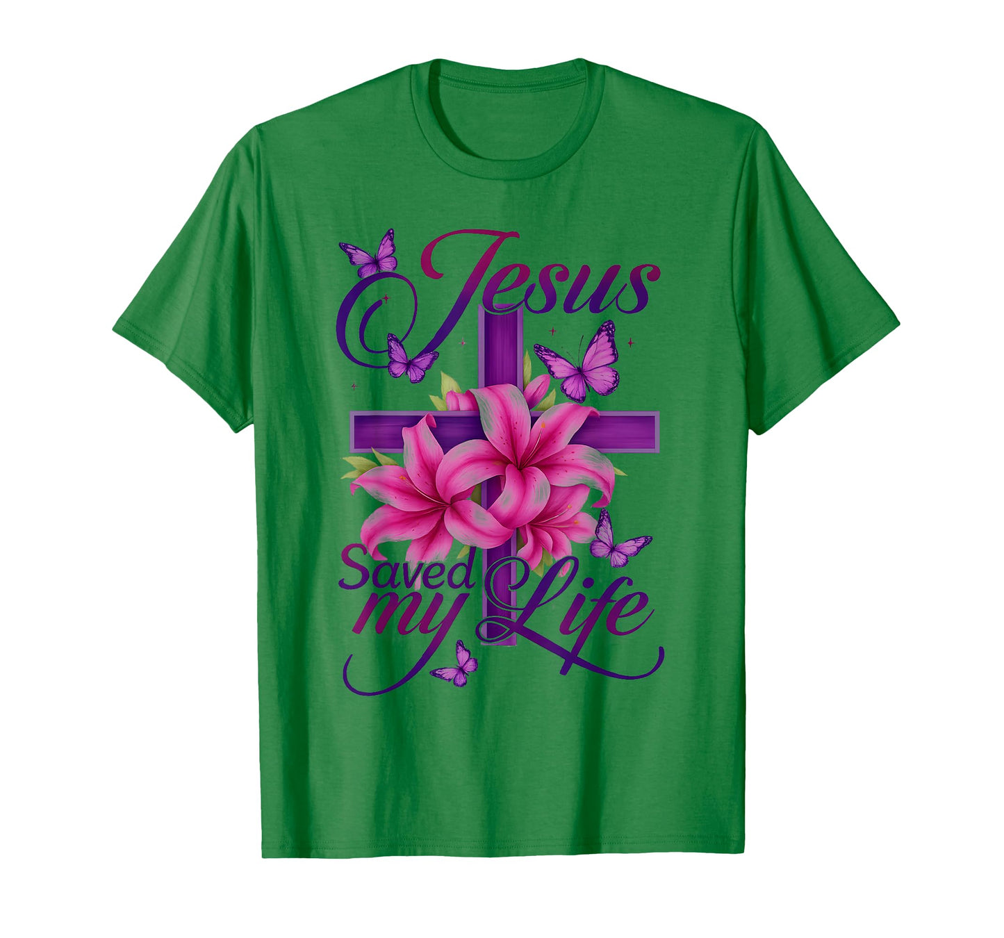 Jesus Saved My Life Christian Cross Purple Flower Butterfly T-Shirt