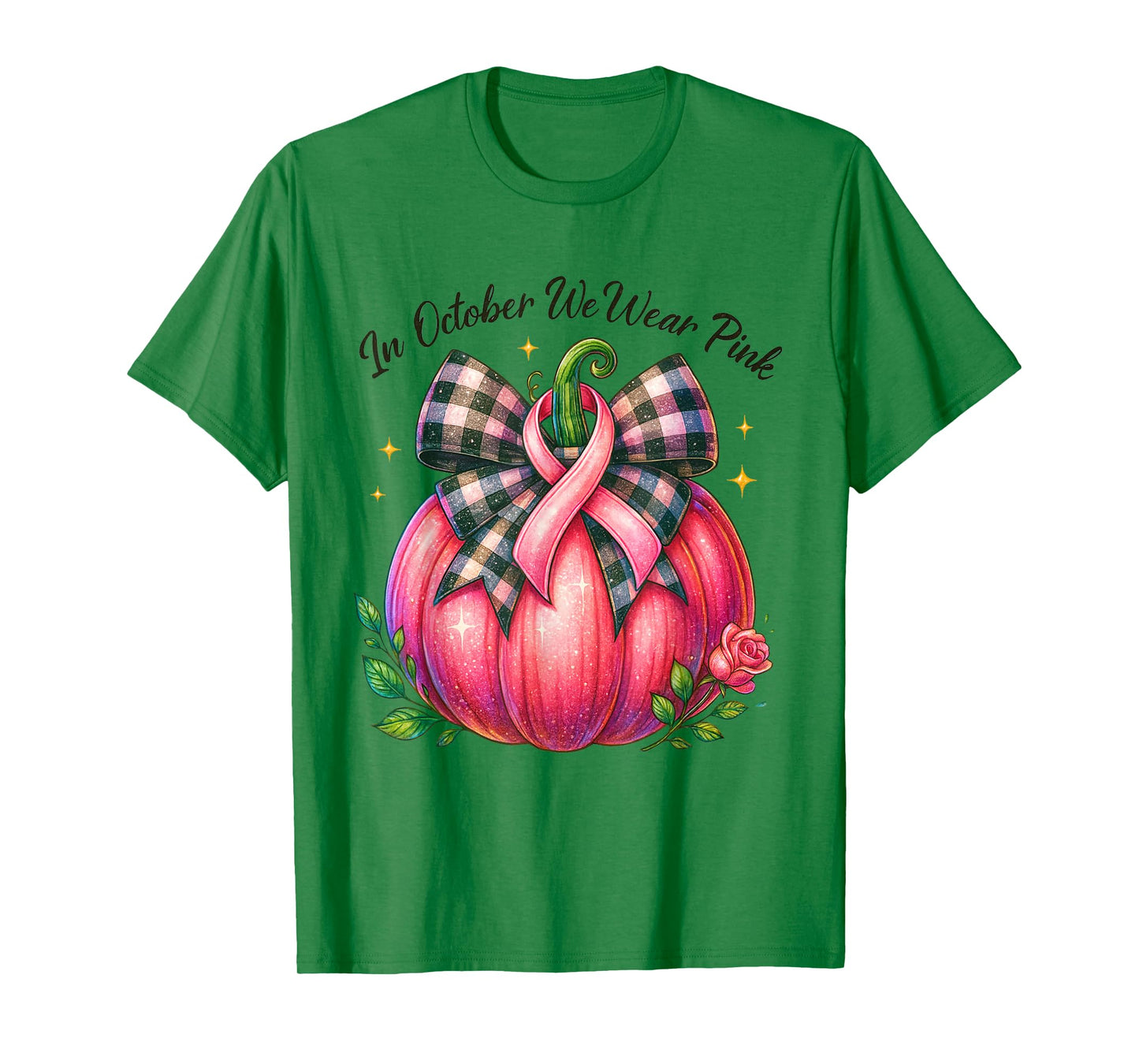Bow Tie Pumpkin in October We Wear Pink Ribbon Breast Cancer T-Shirt