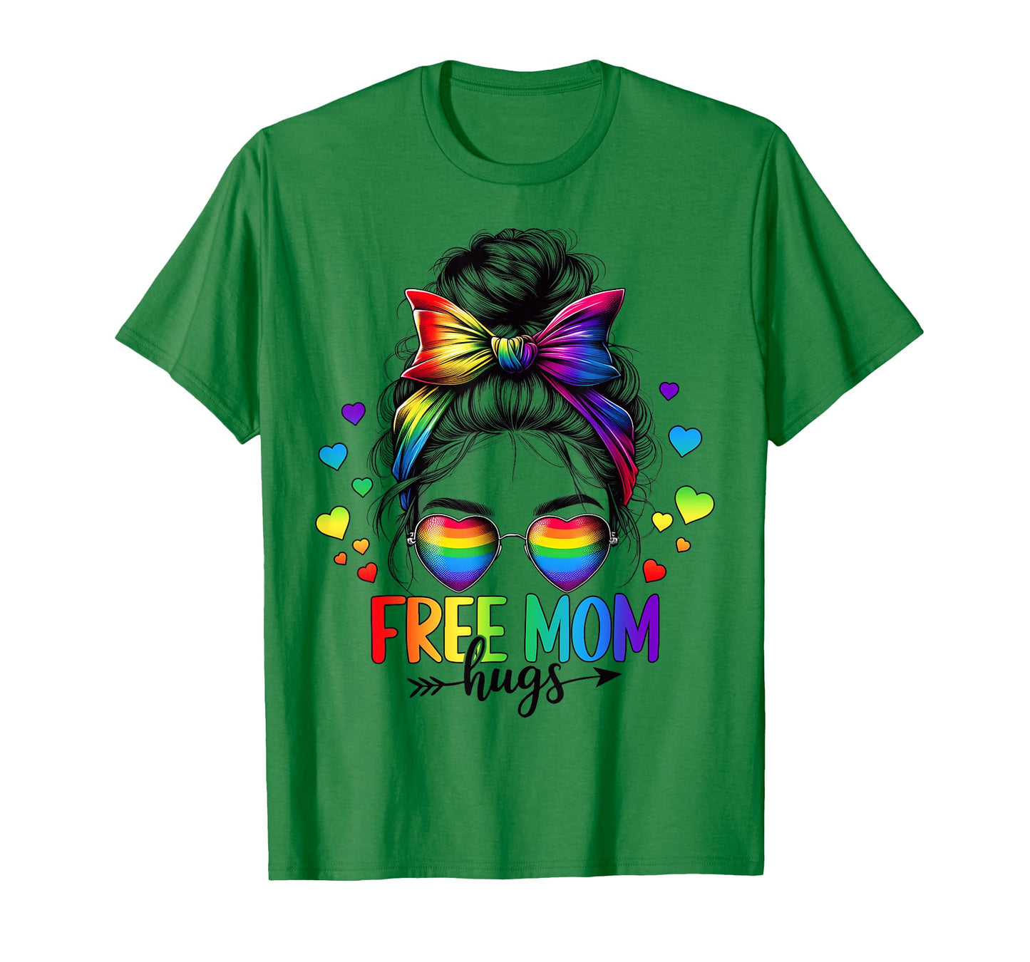 Free Mom Hugs LGBT Flag Messy Bun Trans Gay Pride Rainbow T-Shirt