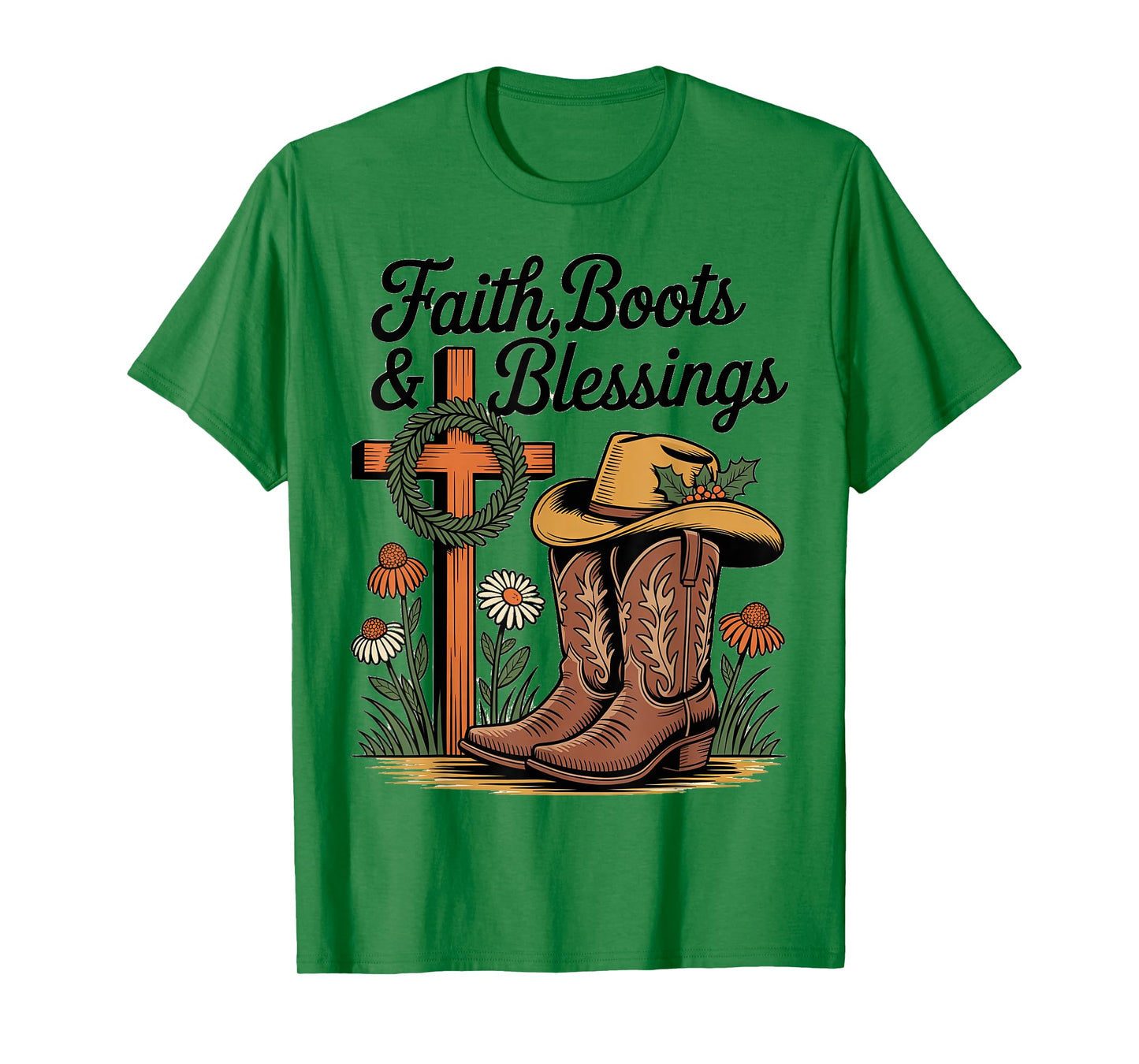 Faith Boots and Blessings Woodcut Rustic Retro Christmas T-Shirt