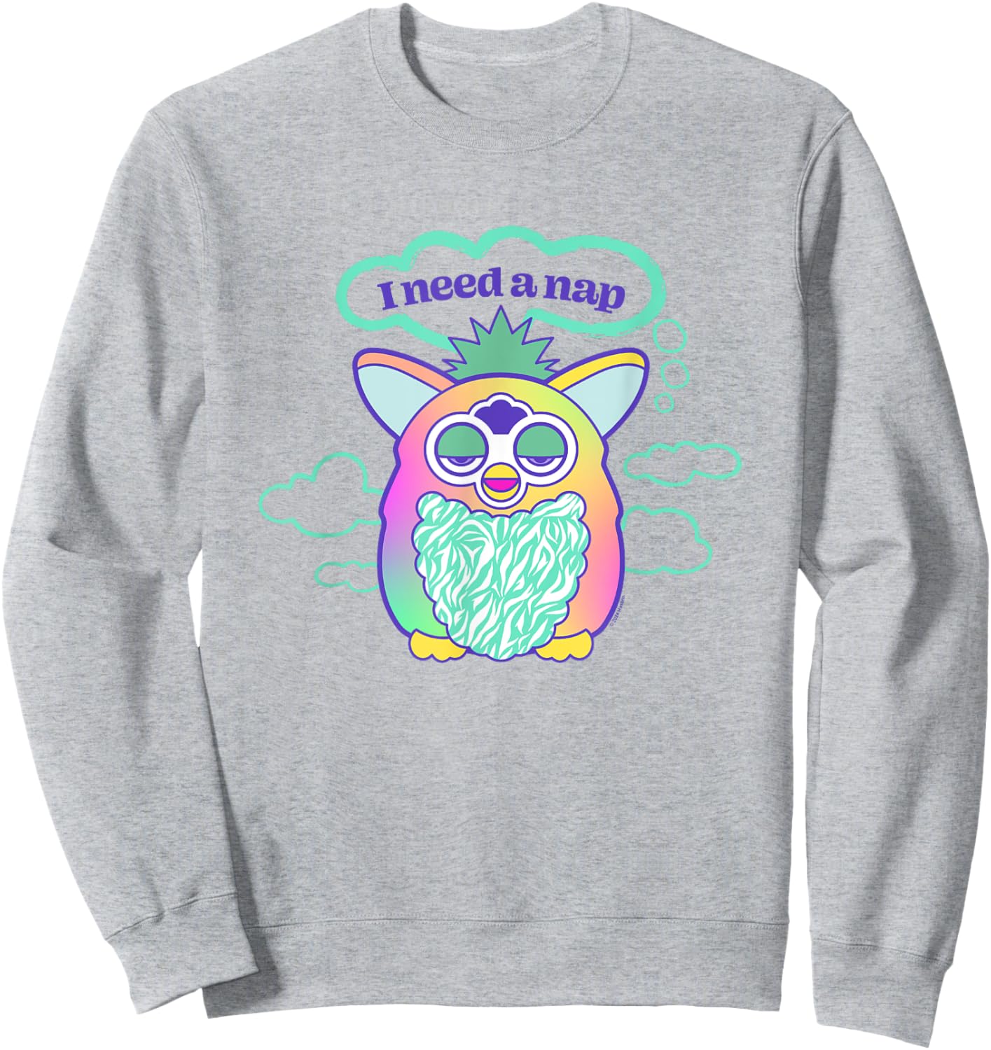 Furby I Need A Nap Sleepy Frog Furby Retro Big Chest Logo Sweatshirt - Sweatshirt | Ash