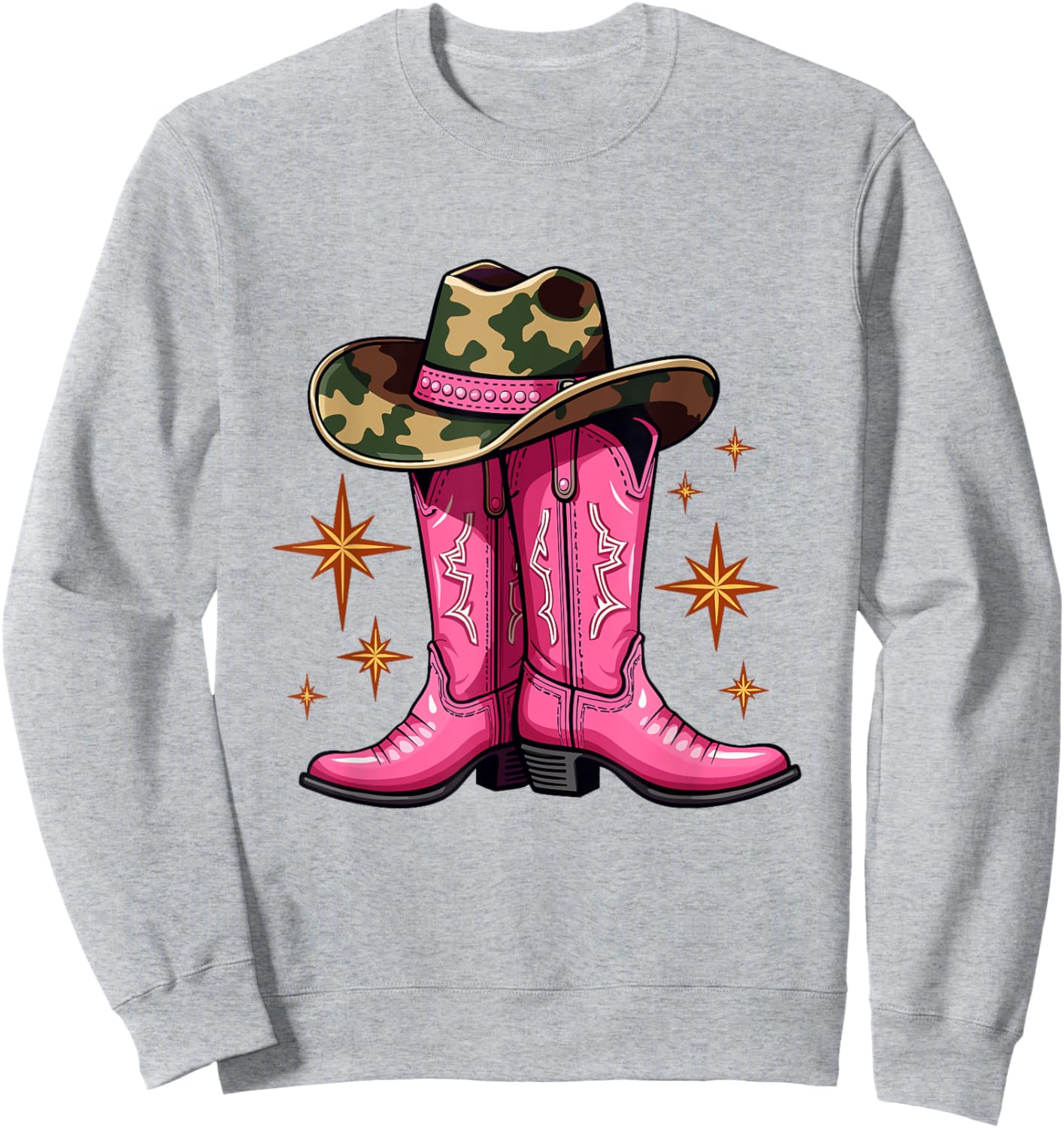 Pink Cowboy Boots & Camo Hat Country Western Sweatshirt - Sweatshirt | Ash