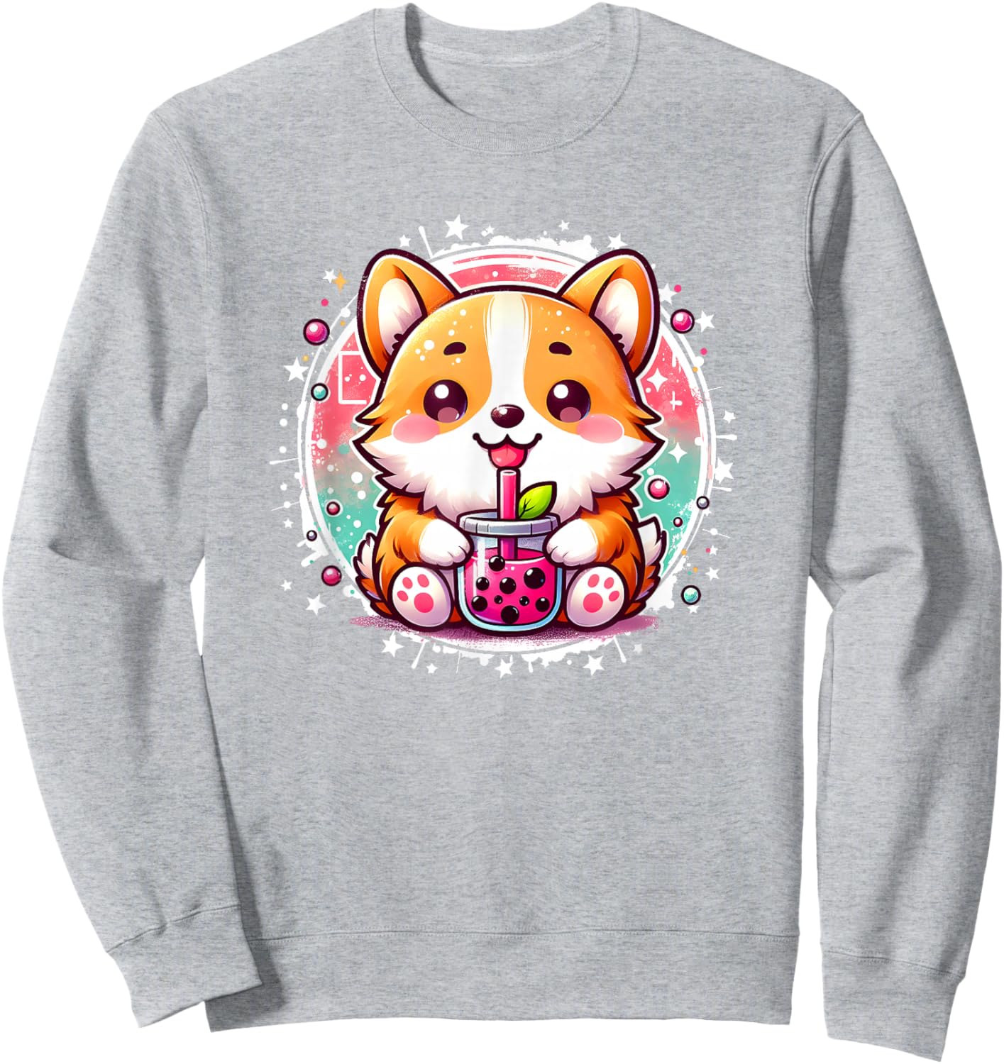 Cute Kawaii Stuff Corgi Dog Drinks Boba Bubble Tea Anime - Pink, Small, , Short Sleeve, Anime Themed Corgi Dog Sweatshirt - Sweatshirt | Ash