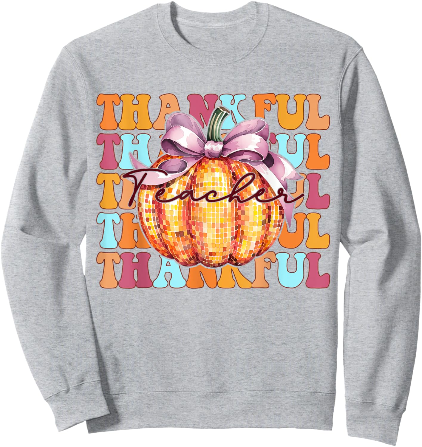Retro Groovy Coquette Pumpkin Fall Thanksgiving Teacher Sweatshirt - Sweatshirt | Ash