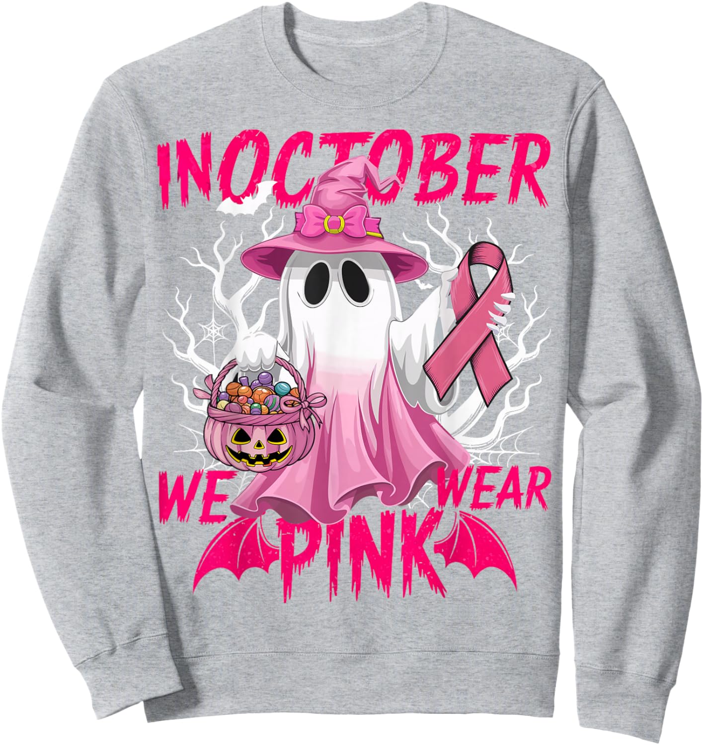 In October We Wear Pink Shirt Breast Cancer Awareness Ghost Sweatshirt - Sweatshirt | Ash