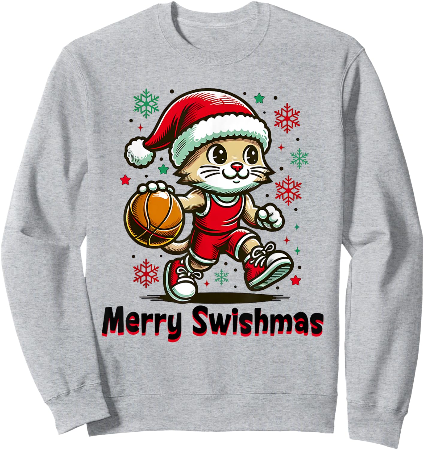 Christmas Basketball Merry Swishmas Funny Cat and Sports Sweatshirt - Sweatshirt | Ash