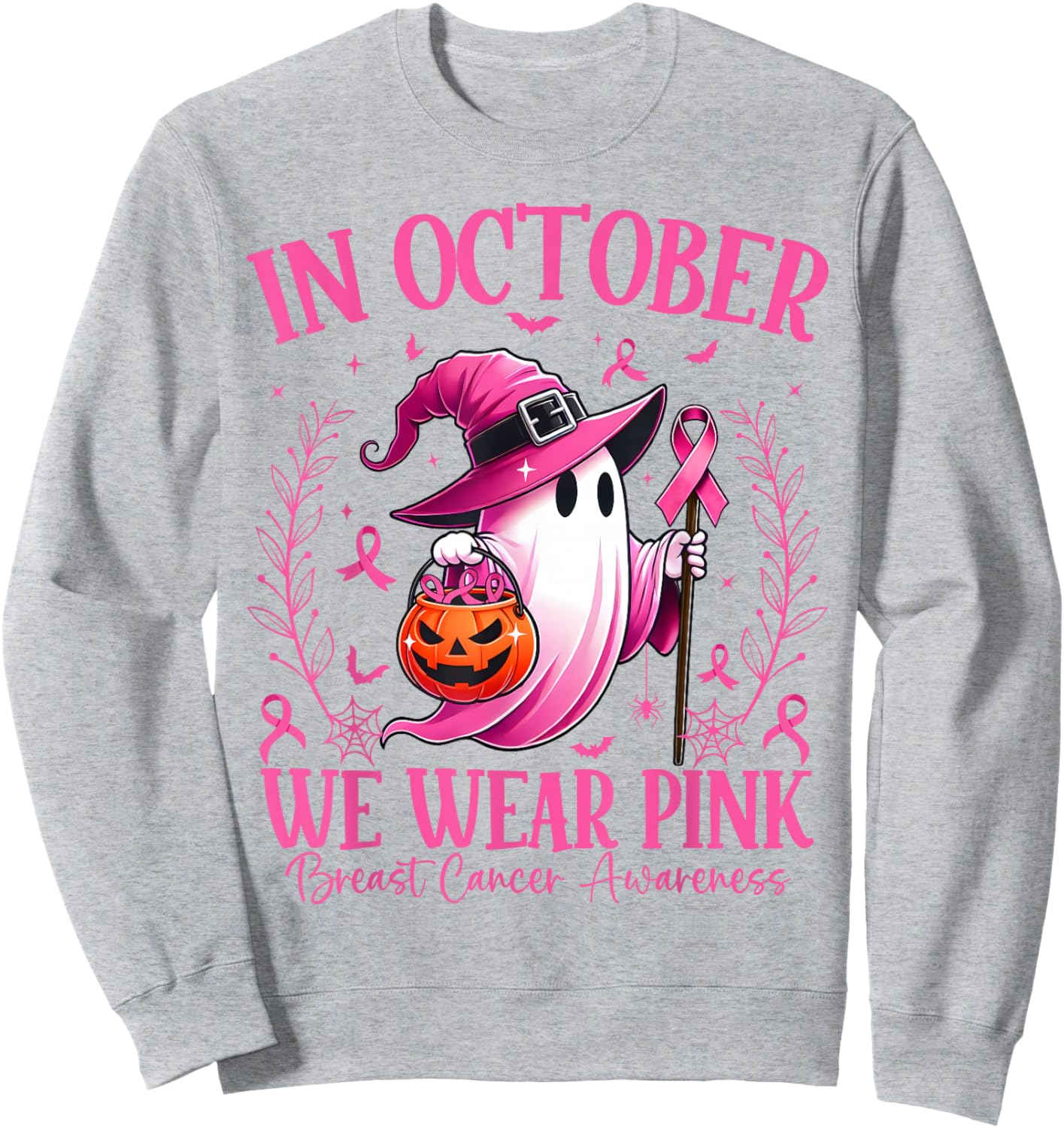 In October We Wear Pink Breast Cancer Awareness Halloween Sweatshirt - Sweatshirt | Ash