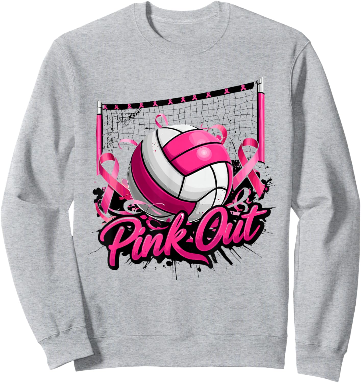 Volleyball Pink Out Breast Cancer Awareness Pink Ribbon Sweatshirt - Sweatshirt | Ash