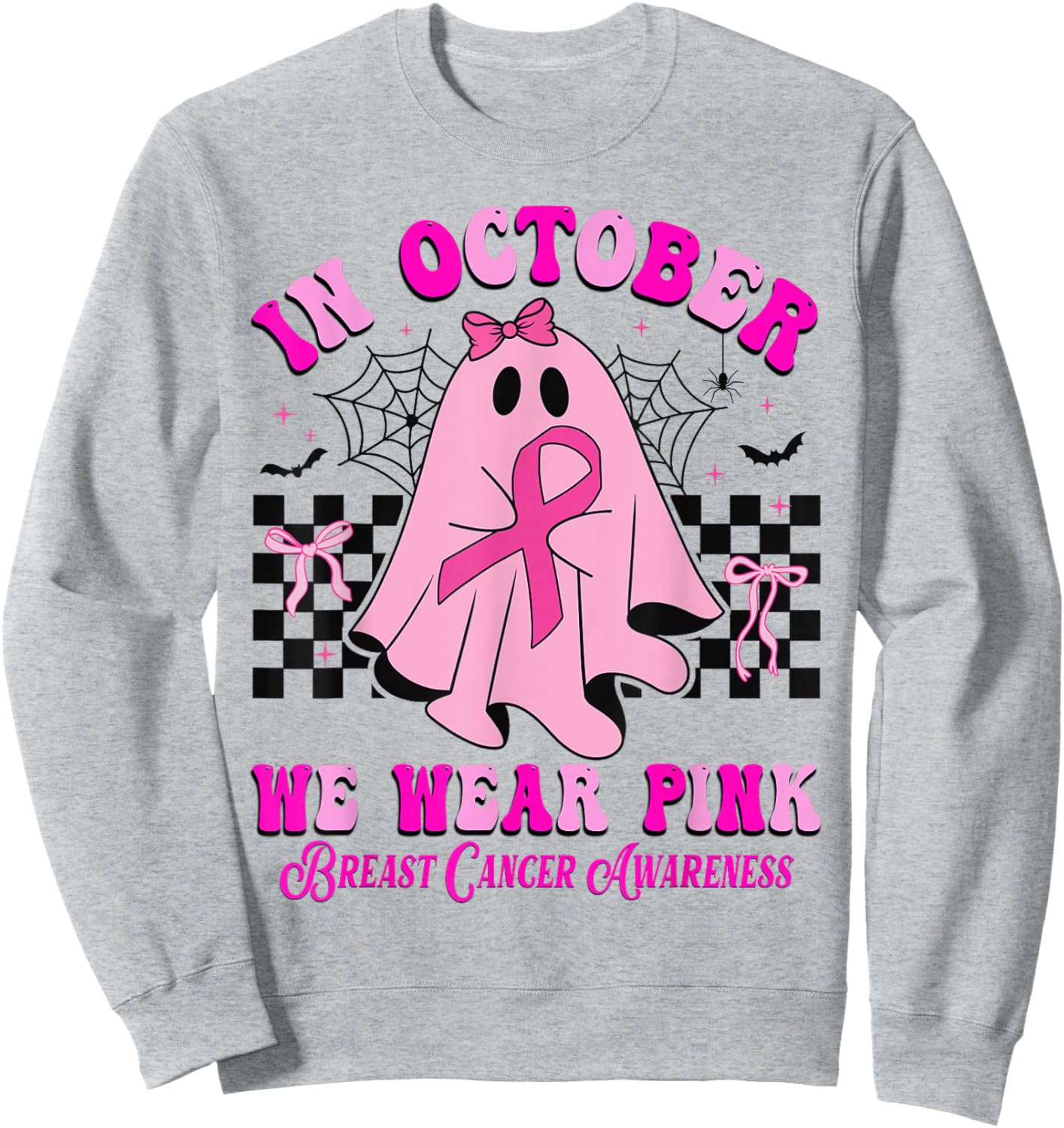 In October We Wear Pink Ghost Halloween Breast Cancer Ribbon Sweatshirt - Sweatshirt | Ash