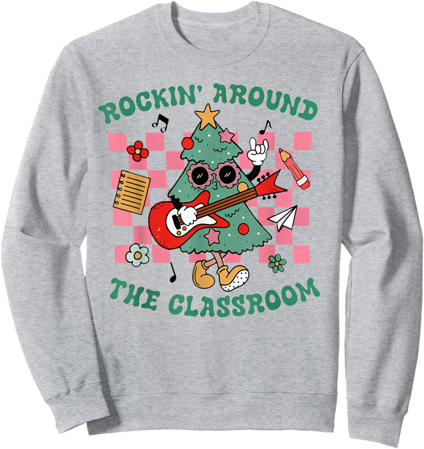 Retro Groovy Teacher Christmas Rockin' Around The Classroom Sweatshirt - Sweatshirt | Ash