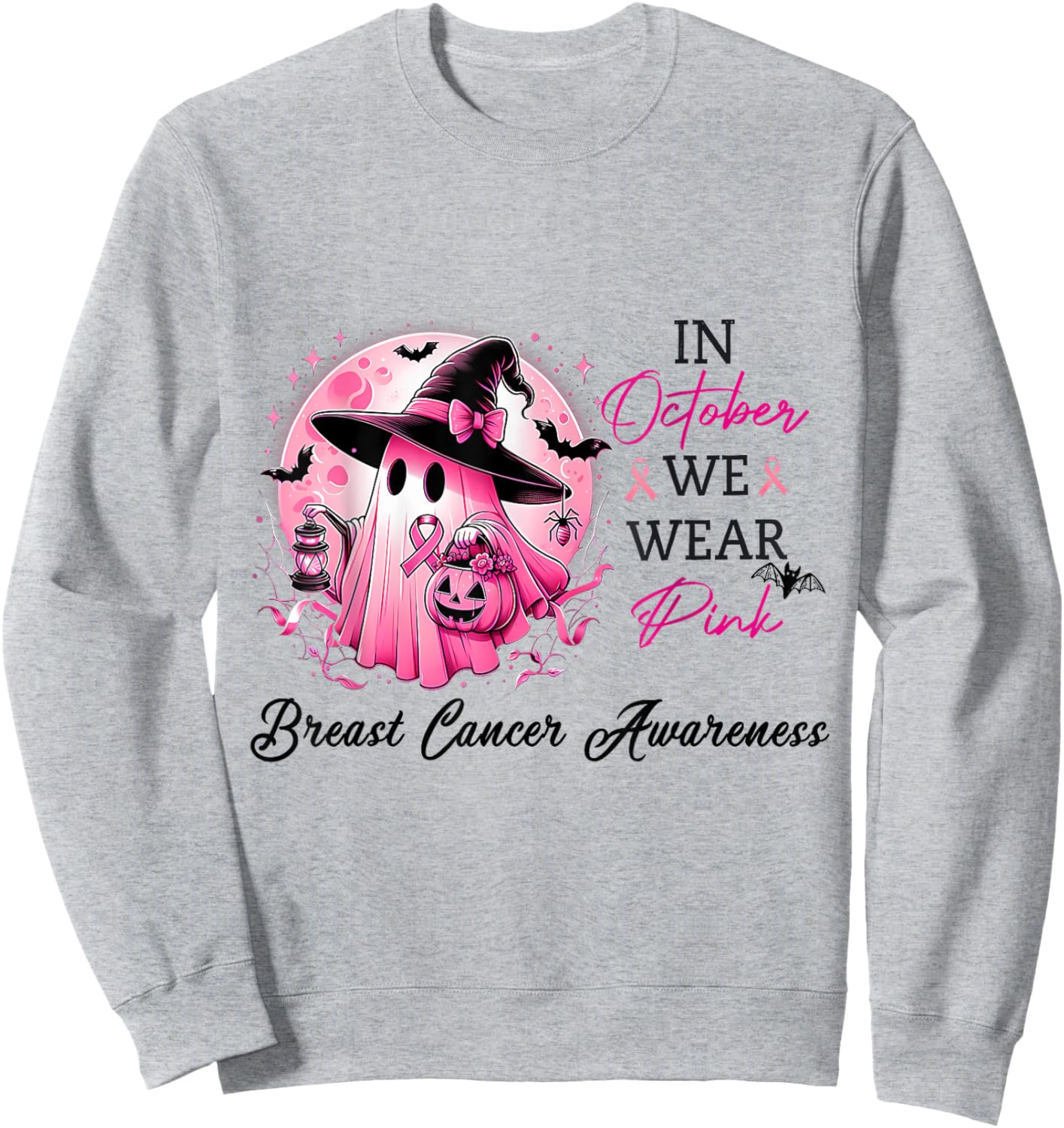 In October We Wear Pink Cute Ghost Breast Cancer Awareness Sweatshirt - Sweatshirt | Ash