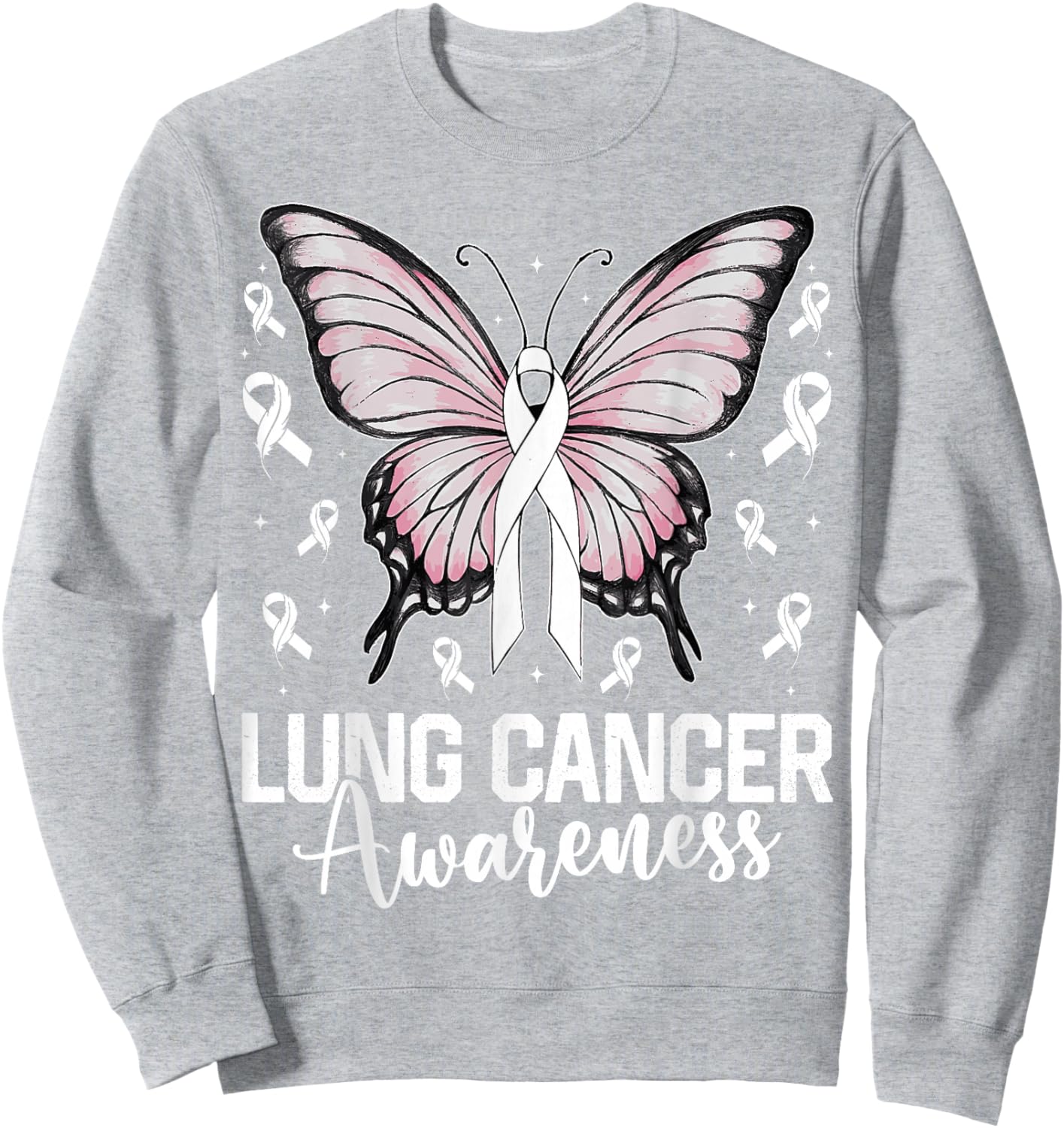 Lung Cancer Awareness Butterfly Ribbon Cancer Support Sweatshirt - Sweatshirt | Ash