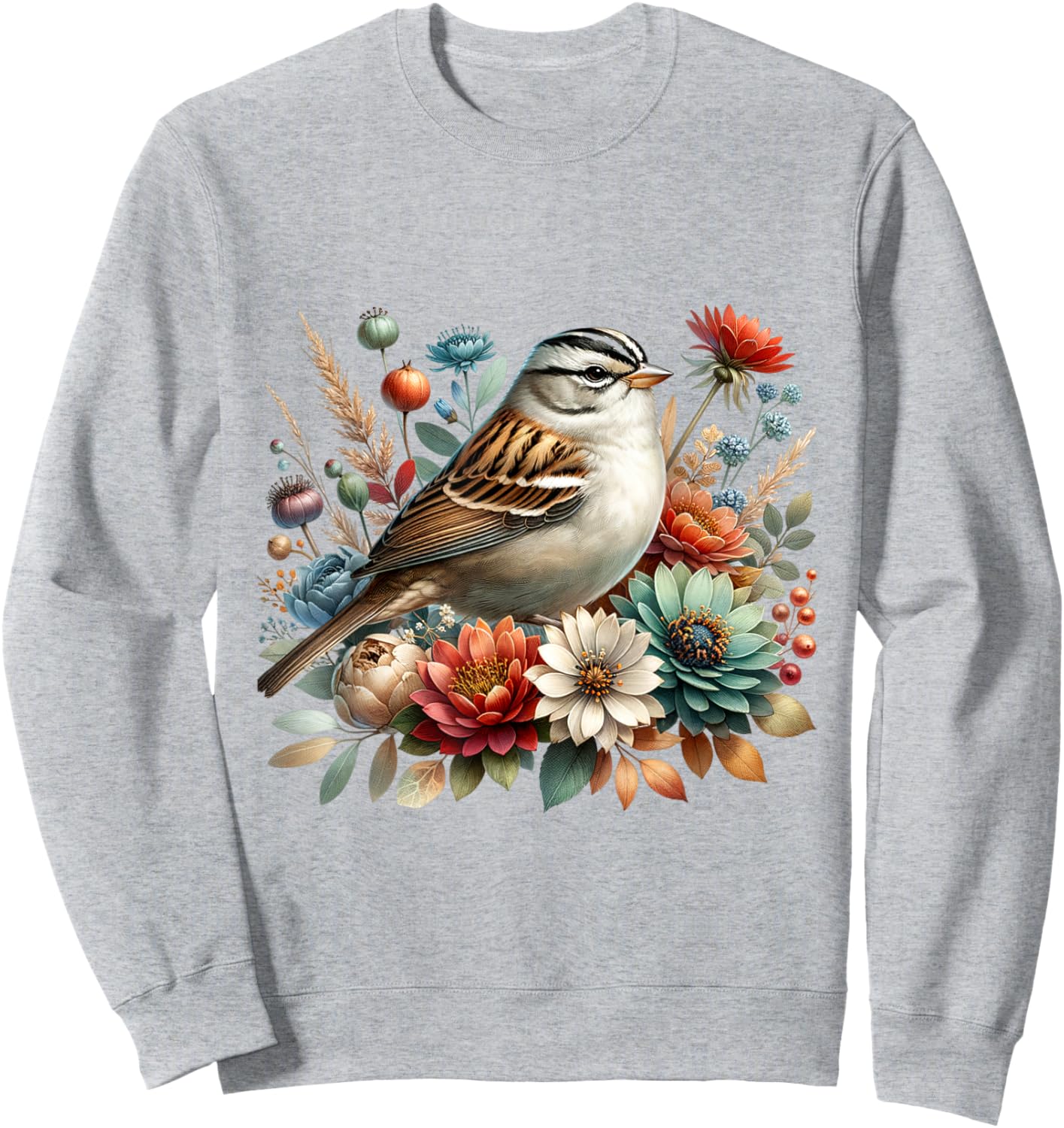 White-crowned Sparrow Vintage Floral Autumn Bird Sweatshirt - Sweatshirt | Ash