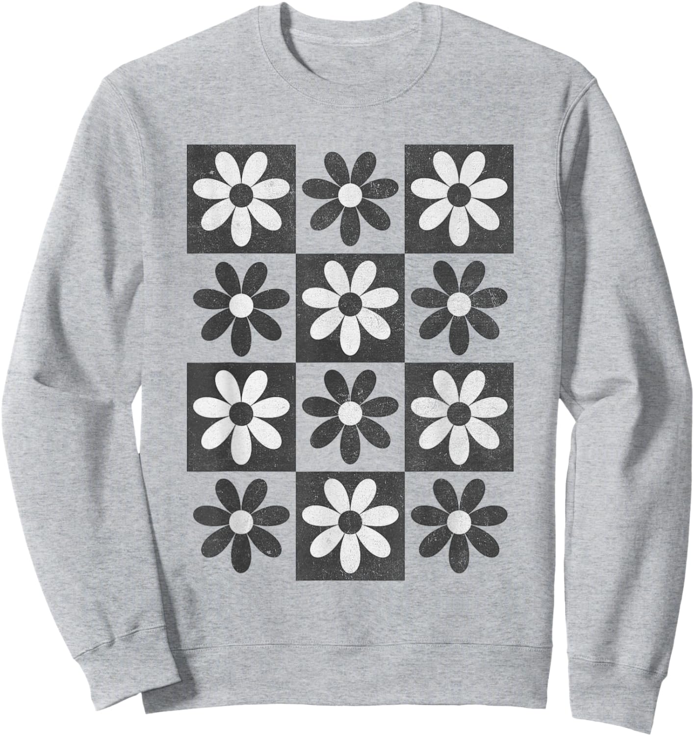 Retro Checkerboard Checkered Boho Flowers Floral Sweatshirt - Sweatshirt | Ash