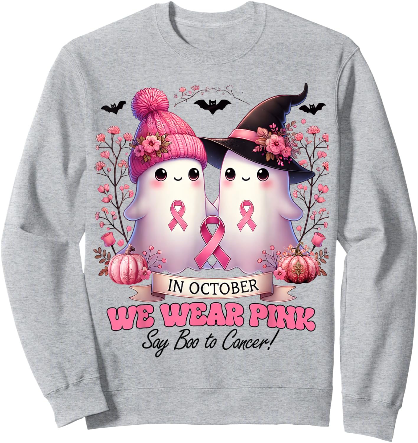 In October We Wear Pink Witch Ghost Pumpkin Breast Cancer Sweatshirt - Sweatshirt | Ash
